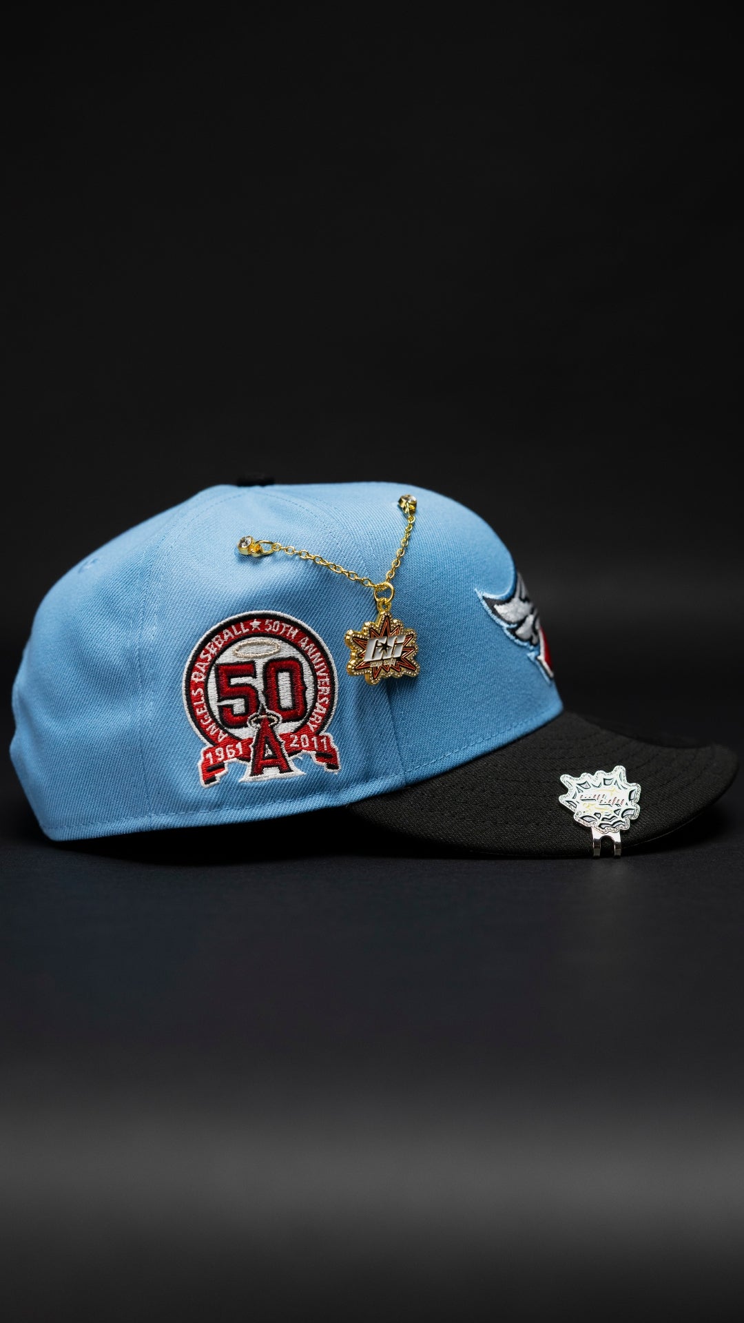 NEW ERA EXCLUSIVE 9FIFTY SKY BLUE/BLACK ANAHEIM ANGELS SNAPBACK W/ 50TH ANNIVERSARY SIDE PATCH