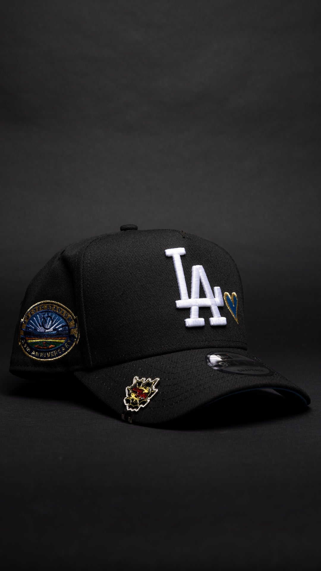 NEW ERA 9FIFTY A-FRAME BLACK LOS ANGELES DODGERS SNAPBACK W/ ICY HEART + 50TH ANNIVERSARY SIDE PATCH