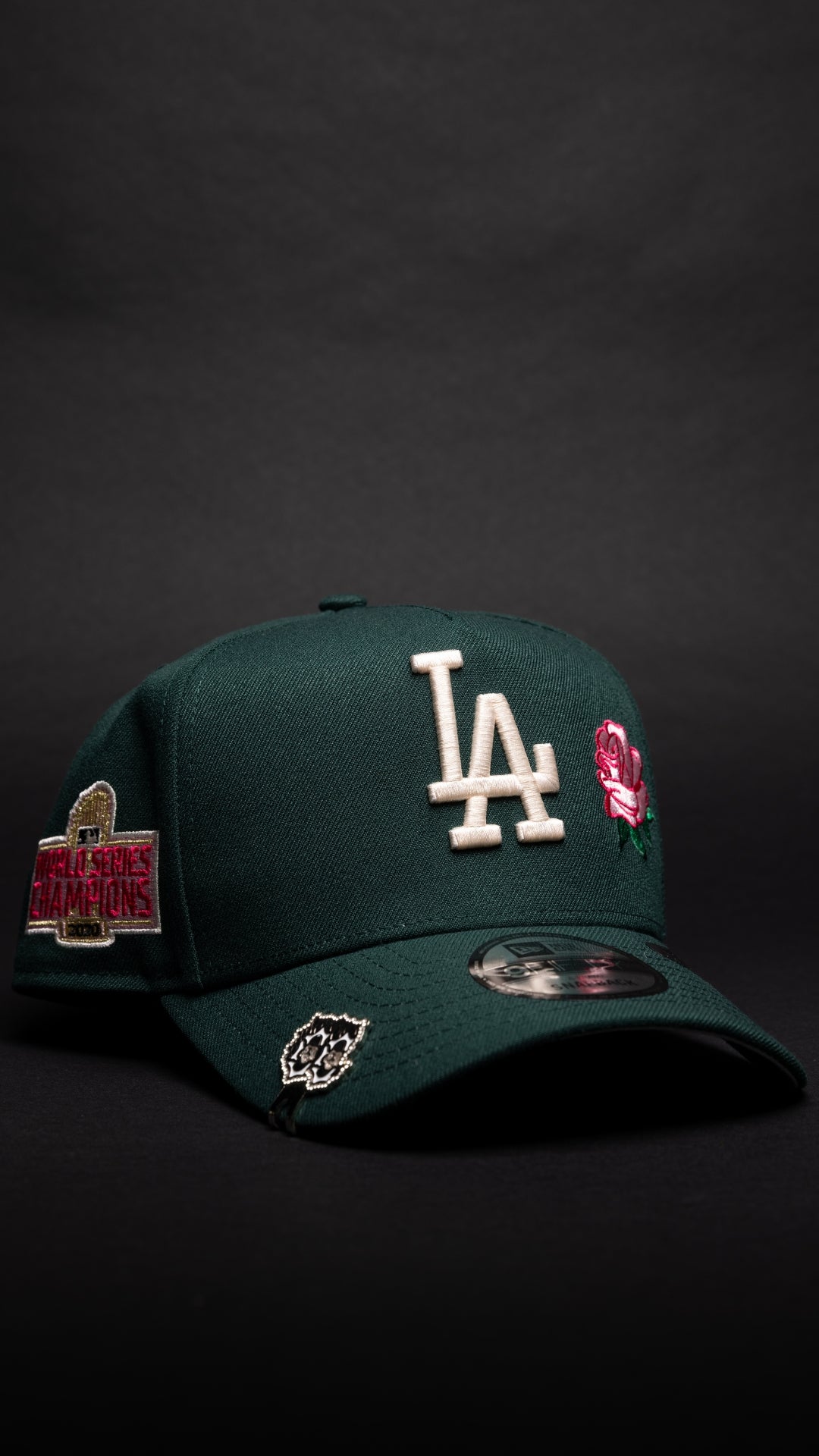 NEW ERA 9FIFTY A-FRAME FOREST GREEN LOS ANGELES DODGERS W/ PINK ROSE + WORLD SERIES CHAMPIONS SIDE PATCH