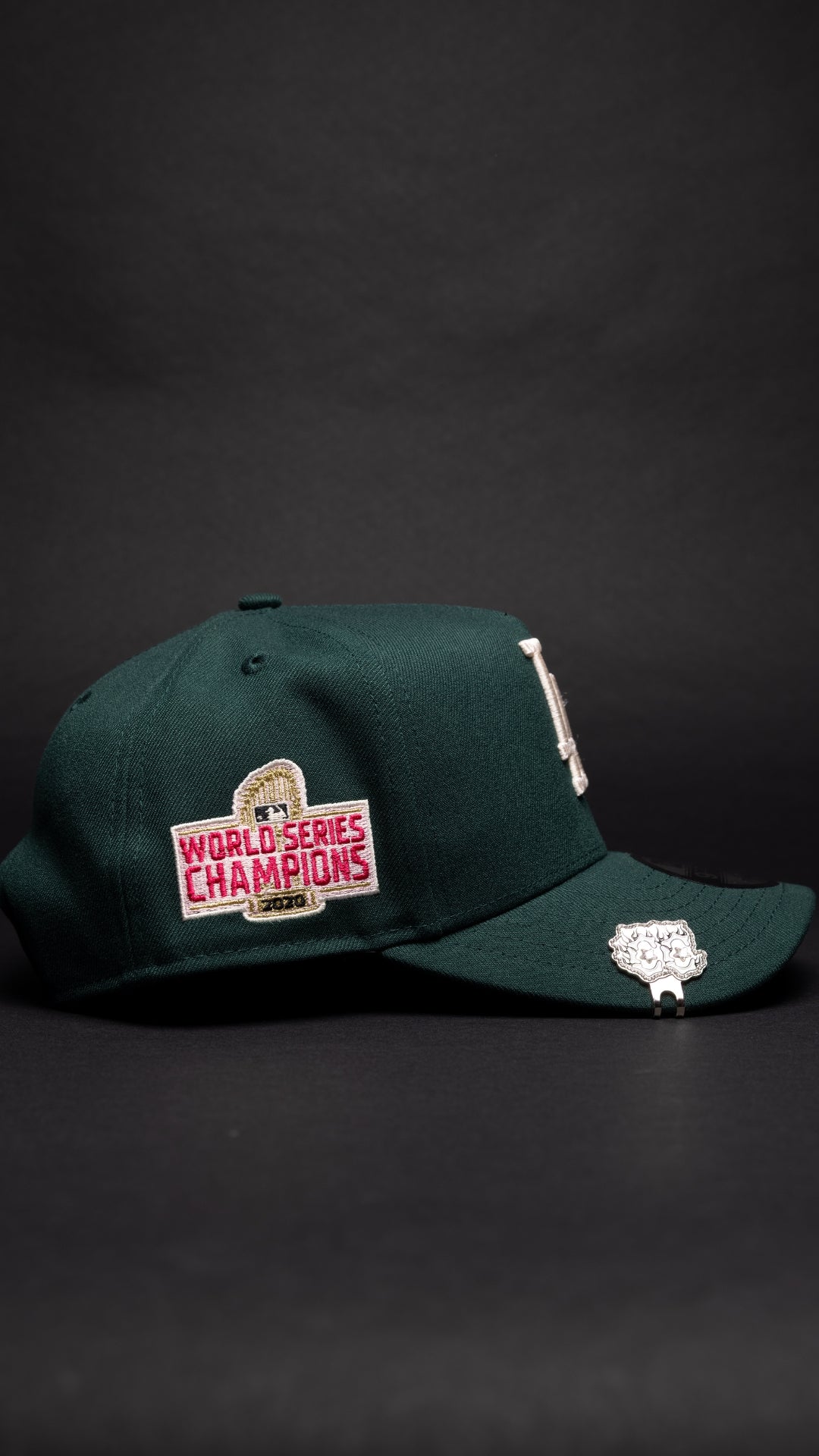 NEW ERA 9FIFTY A-FRAME FOREST GREEN LOS ANGELES DODGERS W/ PINK ROSE + WORLD SERIES CHAMPIONS SIDE PATCH