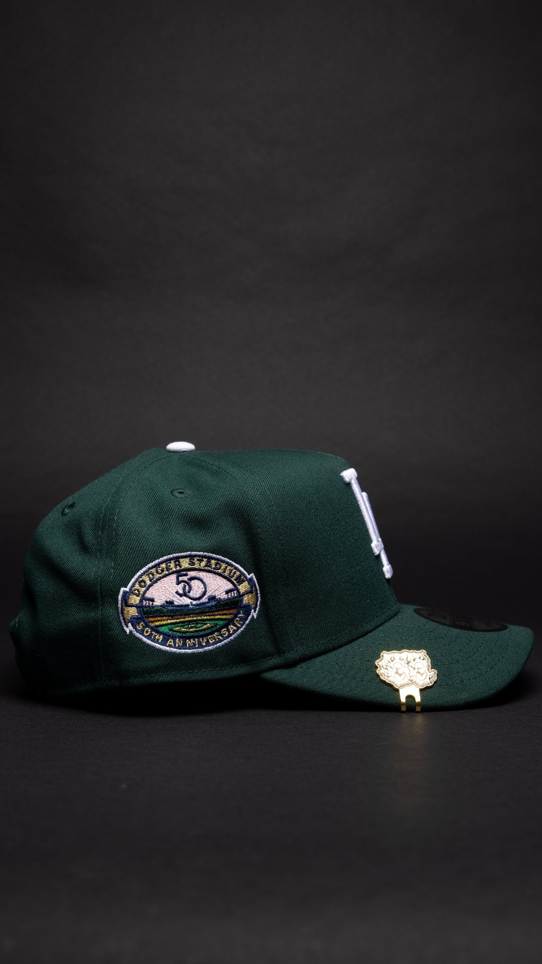 NEW ERA 9FIFTY A-FRAME FOREST GREEN LOS ANGELES DODGERS W/ PINK HEART + 50TH ANNIVERSARY SIDE PATCH