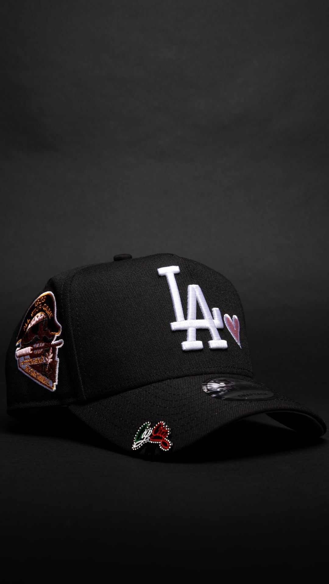 NEW ERA 9FIFTY A-FRAME BLACK LOS ANGELES DODGERS SNAPBACK W/ PINK HEART + 1959 ALL SAR GAME SIDE PATCH