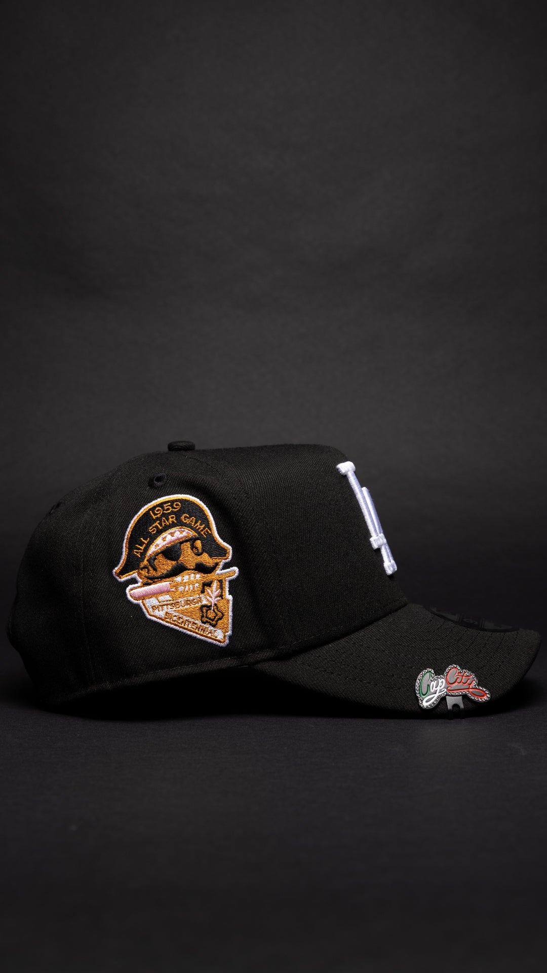 NEW ERA 9FIFTY A-FRAME BLACK LOS ANGELES DODGERS SNAPBACK W/ PINK HEART + 1959 ALL SAR GAME SIDE PATCH