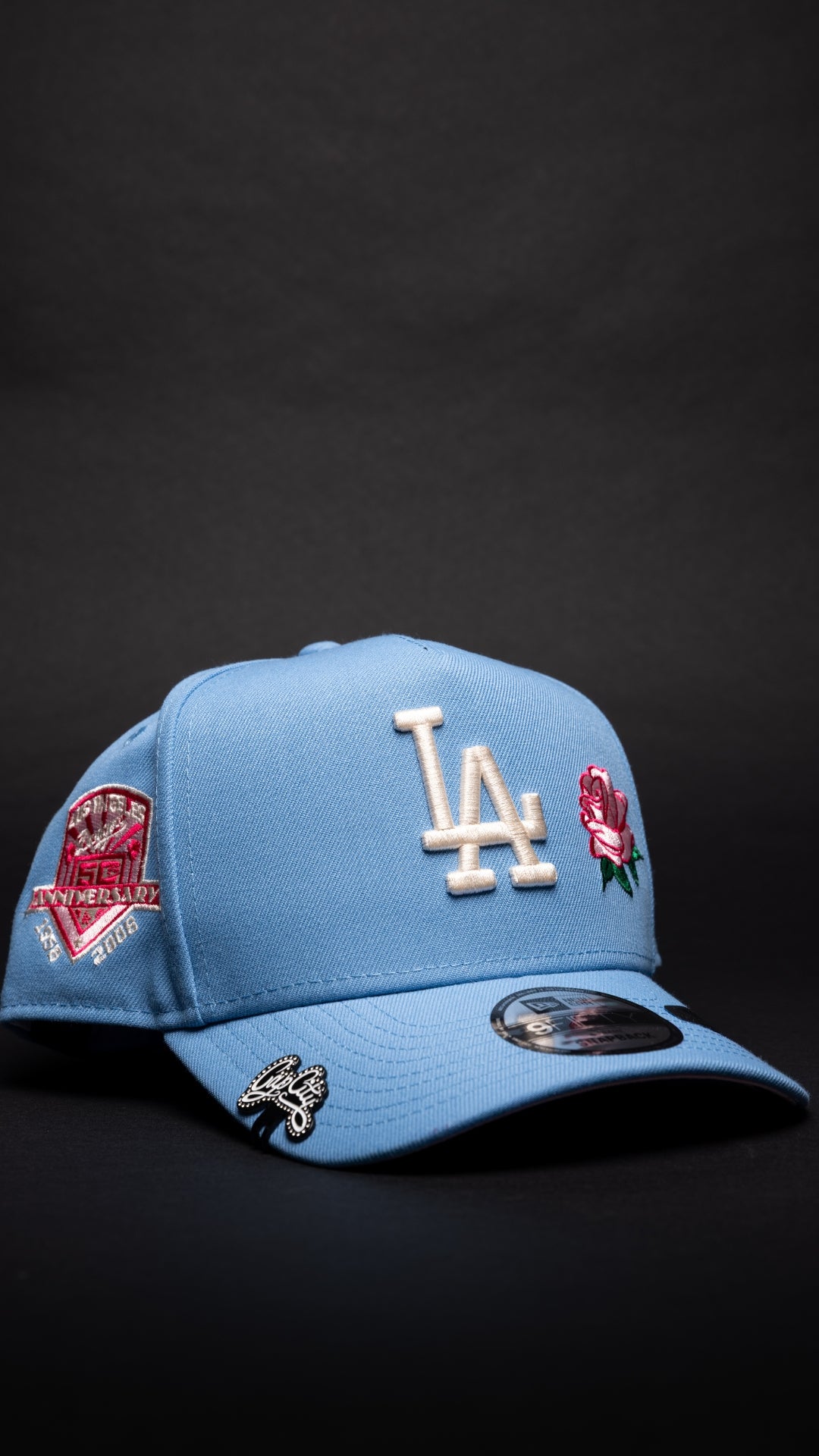 NEW ERA 9FIFTY A-FRAME ICY BLUE LOS ANGELES DODGERS W/ PINK ROSE + 50TH ANNIVERSARY SIDE PATCH