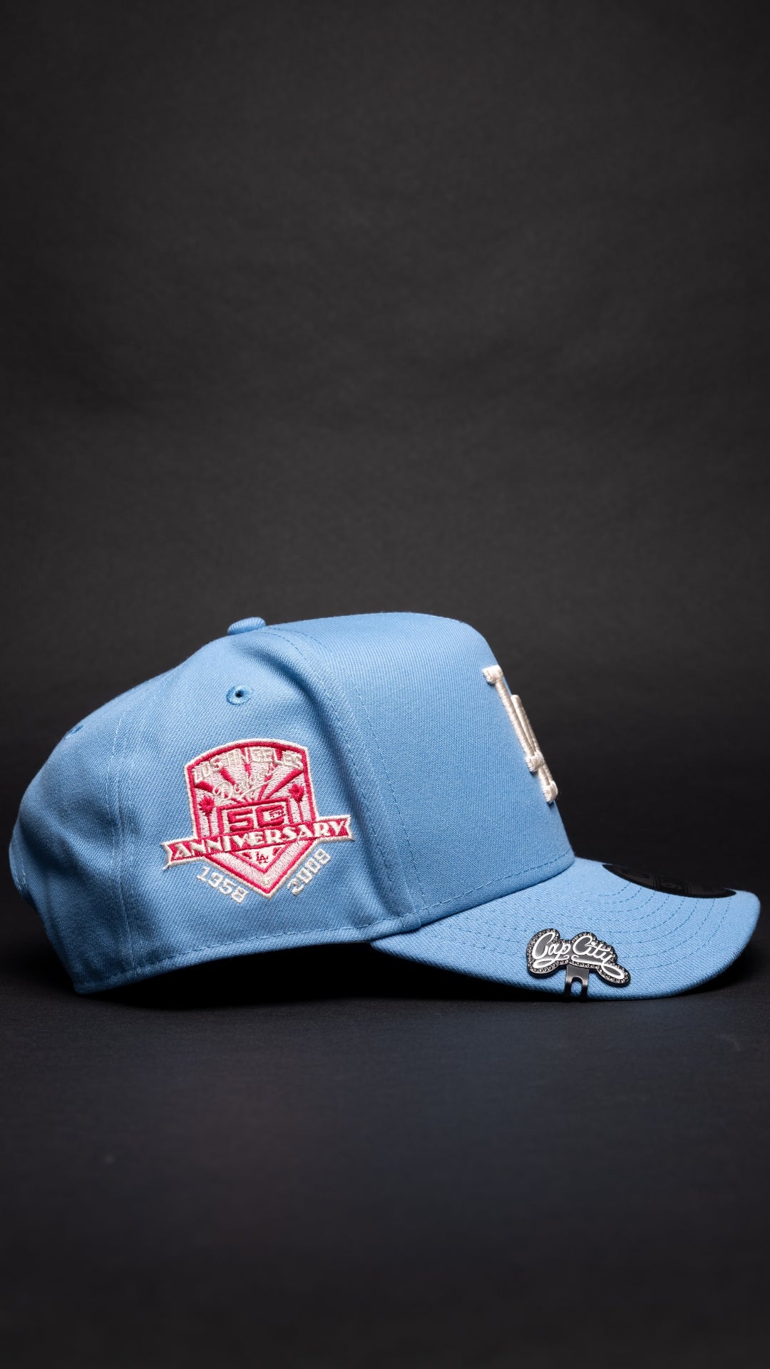 NEW ERA 9FIFTY A-FRAME ICY BLUE LOS ANGELES DODGERS W/ PINK ROSE + 50TH ANNIVERSARY SIDE PATCH