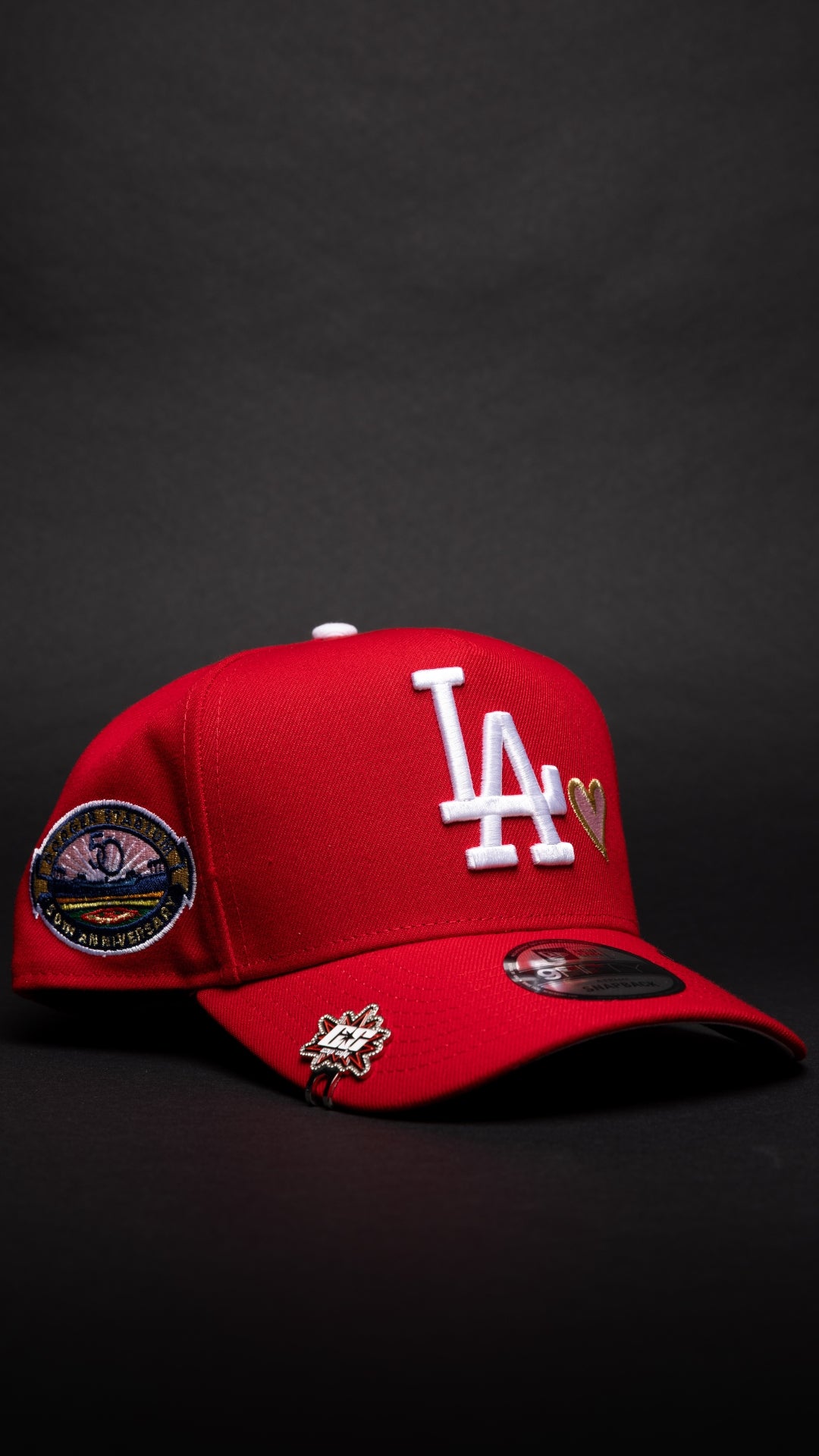 NEW ERA 9FIFTY A-FRAME RED LOS ANGELES DODGERS W/ PINK HEART + 50TH ANNIVERSARY SIDE PATCH