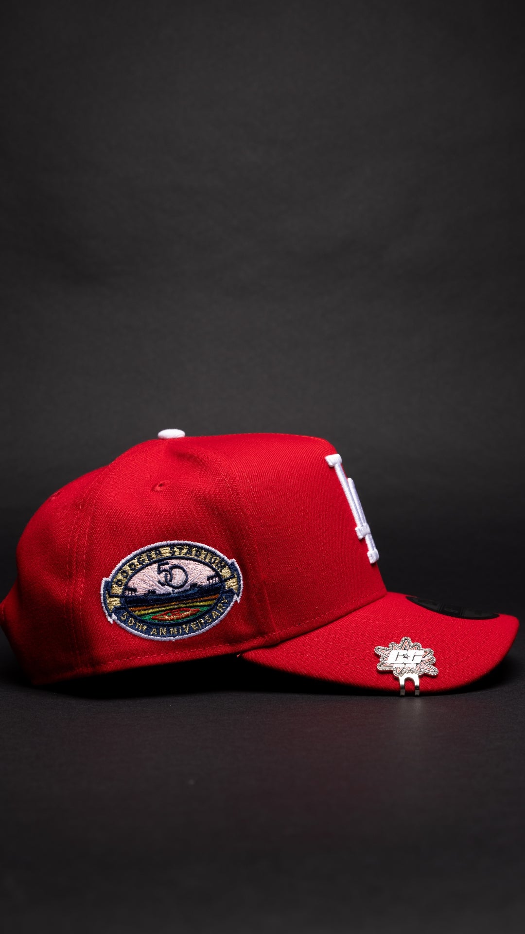 NEW ERA 9FIFTY A-FRAME RED LOS ANGELES DODGERS W/ PINK HEART + 50TH ANNIVERSARY SIDE PATCH
