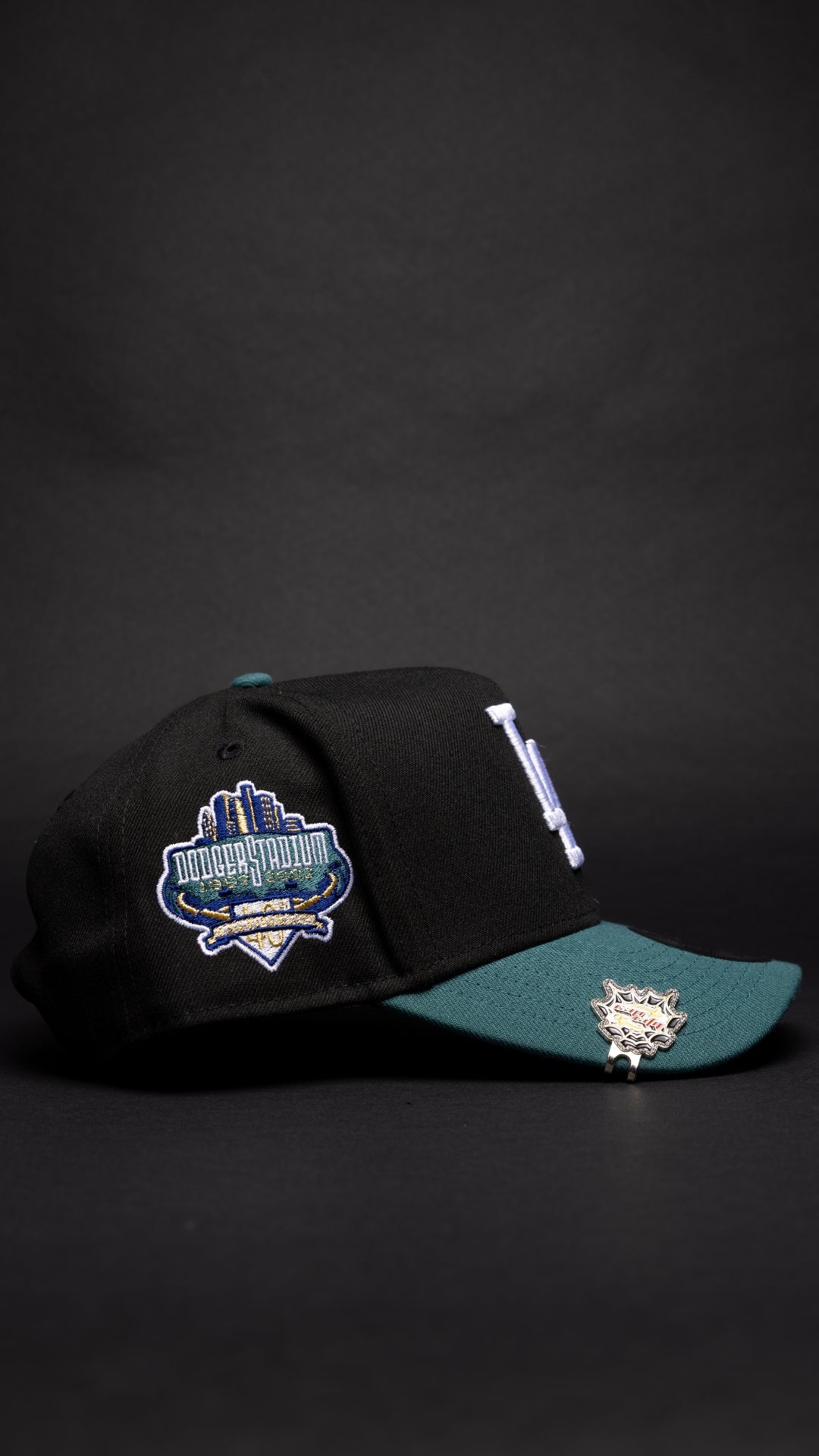 NEW ERA 9FIFTY A-FRAME BLACK/PINE GREEN LOS ANGELES DODGERS SNAPBACK W/ HEART + 40TH ANNIVERSARY SIDE PATCH