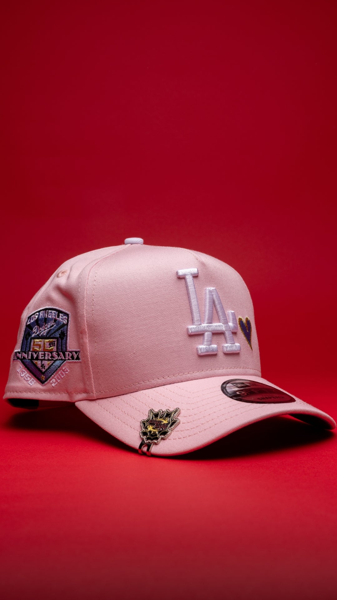 NEW ERA 9FIFTY A-FRAME PINK LOS ANGELES DODGERS W/ ICY HEART + 50TH ANNIVERSARY SIDE PATCH