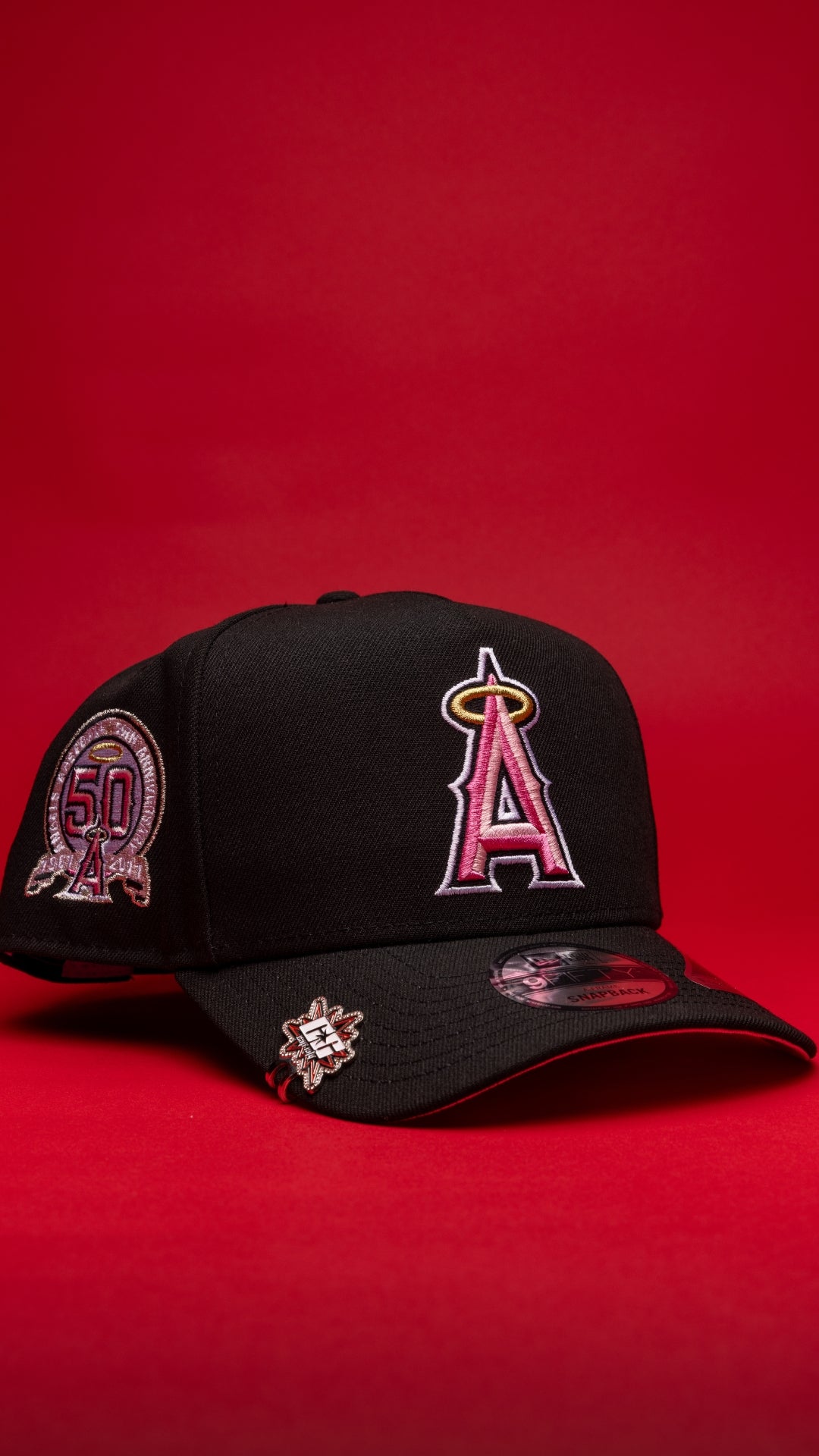 NEW ERA 9FIFTY A-FRAME BLACK ANAHEIM ANGELS SNAPBACK W/ 50TH ANNIVERSARY SIDE PATCH