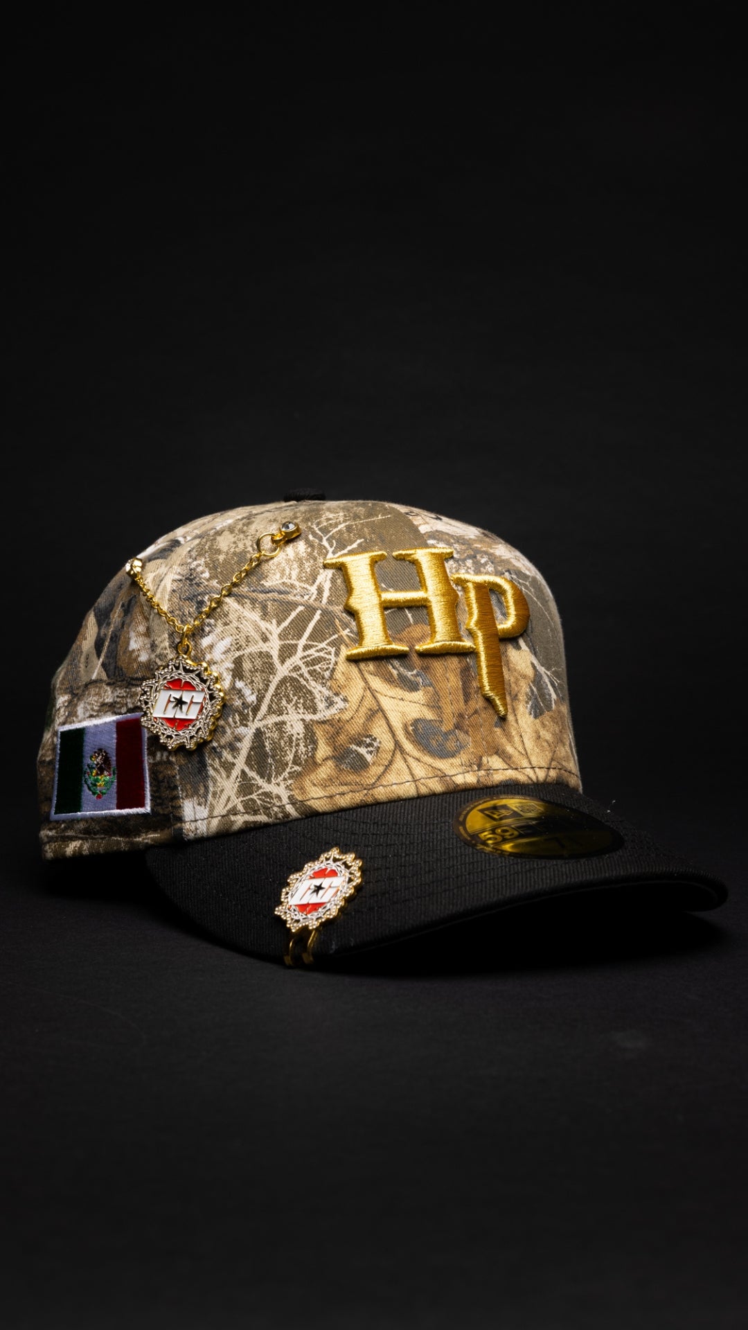 NEW* HERENCIA DE PATRONES x NEW ERA x CAP CITY REALTREE/BLACK "HERENCIA LOGO" 59FIFTY FITTED W/ MEXICAN FLAG SIDE PATCH -FREE BLIP INCLUDED