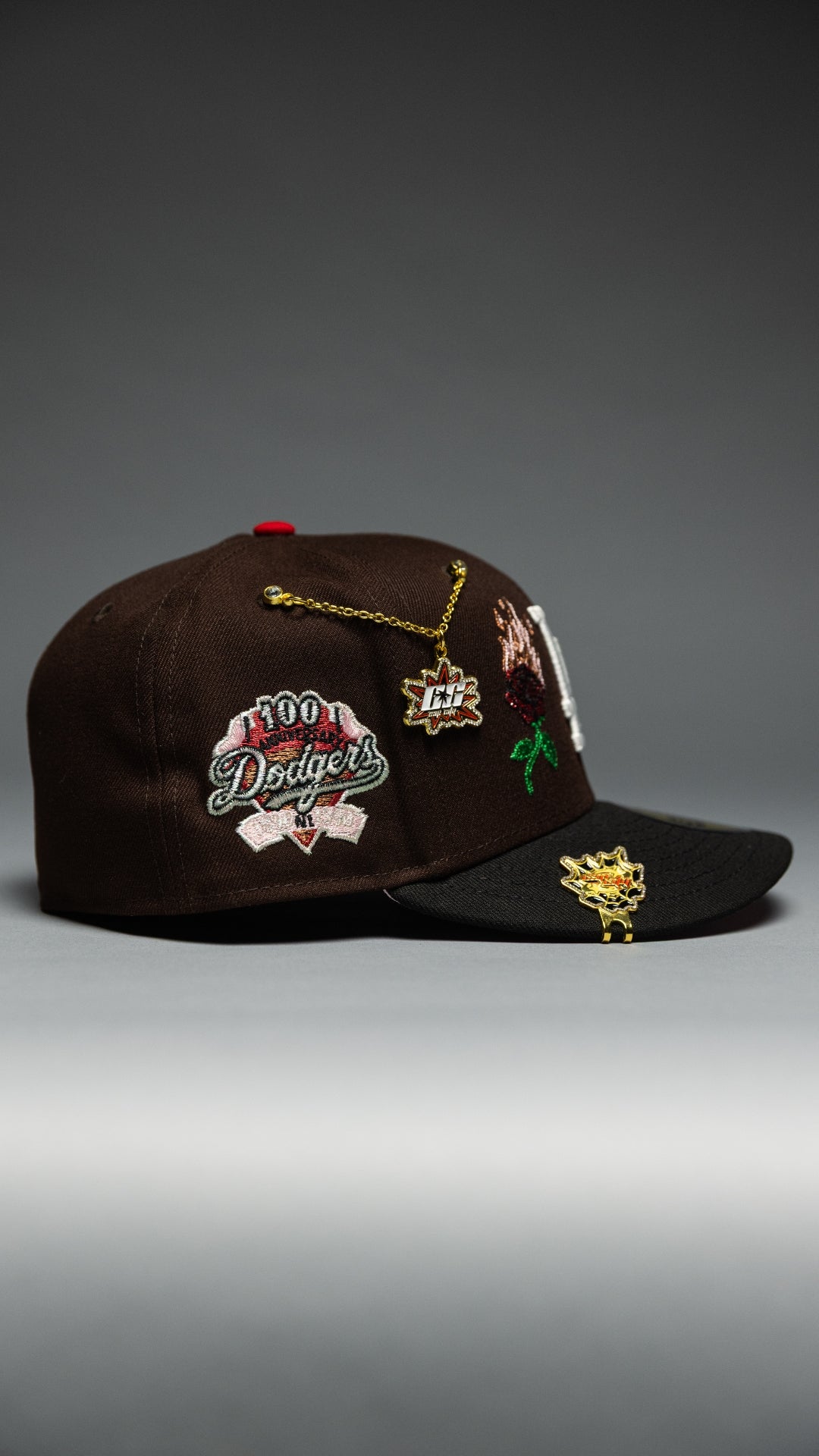 NEW ERA EXCLUSIVE 59FIFTY DARK BROWN/BLACK LOS ANGELES DODGERS W/ BURNT ROSES + 100TH ANNIVERSARY SIDE PATCH