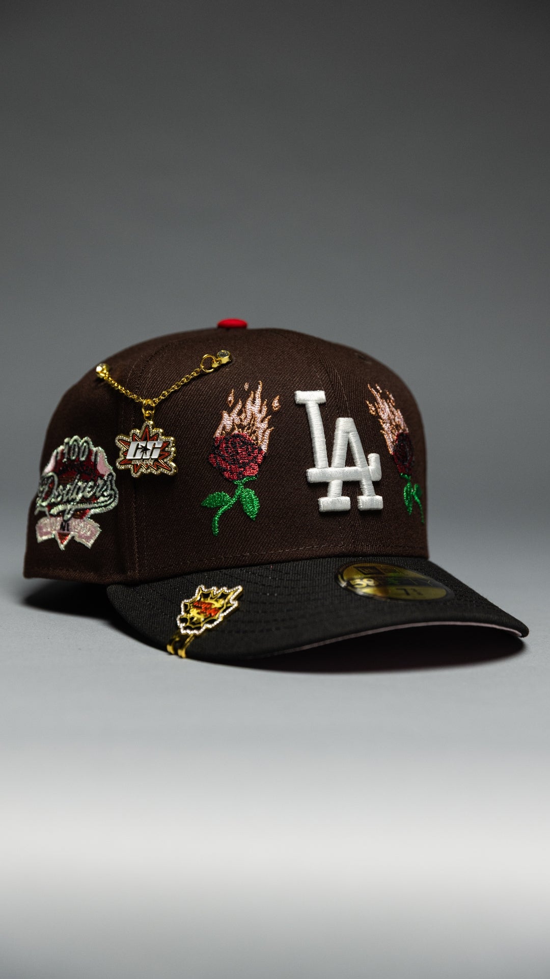 NEW ERA EXCLUSIVE 59FIFTY DARK BROWN/BLACK LOS ANGELES DODGERS W/ BURNT ROSES + 100TH ANNIVERSARY SIDE PATCH