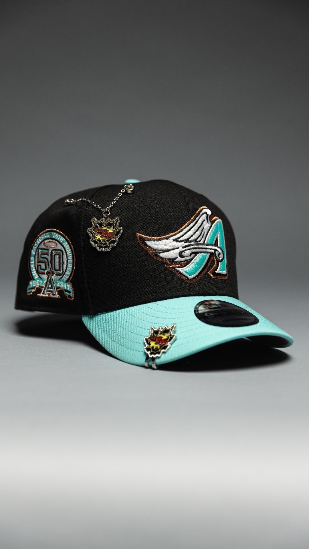 NEW ERA EXCLUSIVE 9FIFTY BLACK/TEAL ANAHEIM ANGELS SNAPBACK W/ 50TH ANNIVERSARY SIDE PATCH