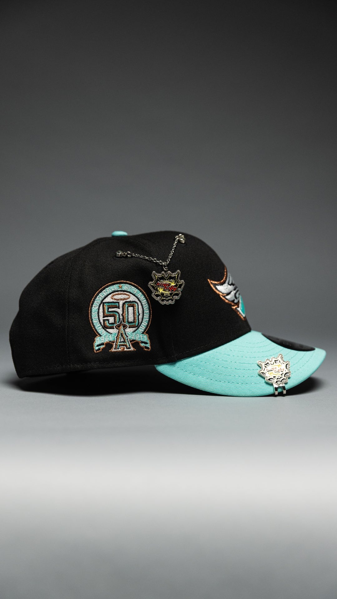 NEW ERA EXCLUSIVE 9FIFTY BLACK/TEAL ANAHEIM ANGELS SNAPBACK W/ 50TH ANNIVERSARY SIDE PATCH