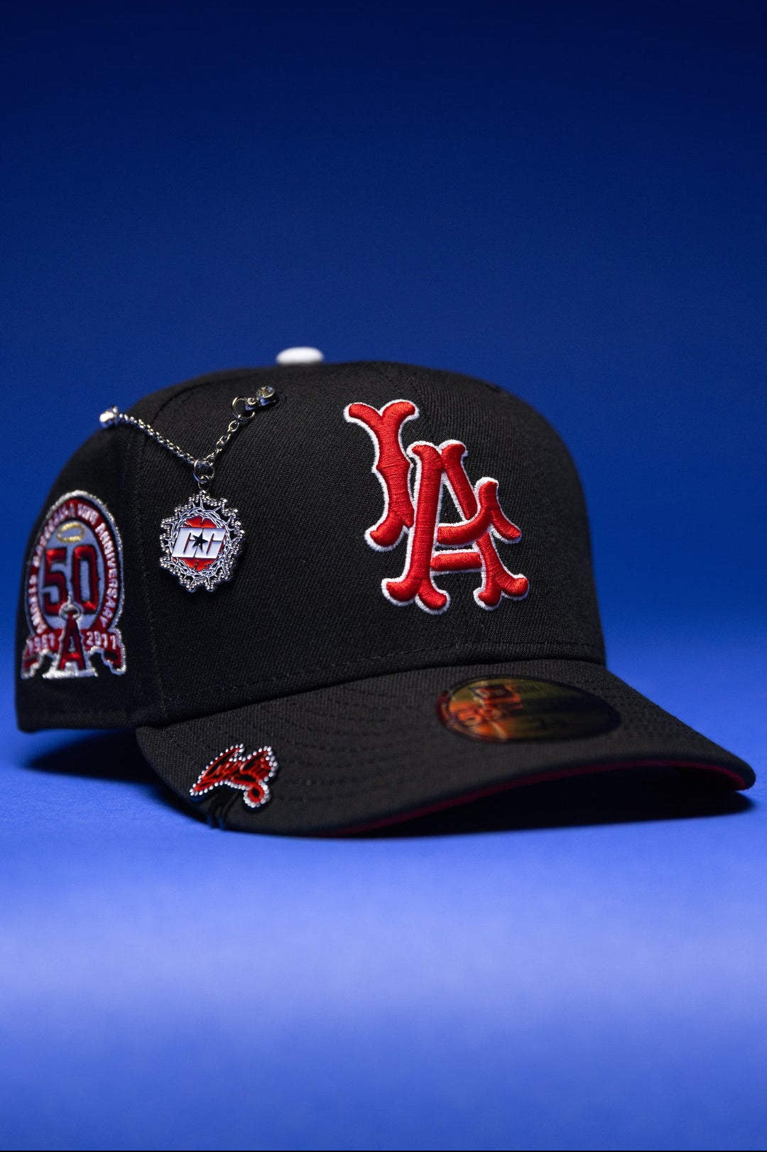 NEW ERA EXCLUSIVE 59FIFTY BLACK LOS ANGELES ANGELS W/ 50TH ANNIVERSARY SIDE PATCH