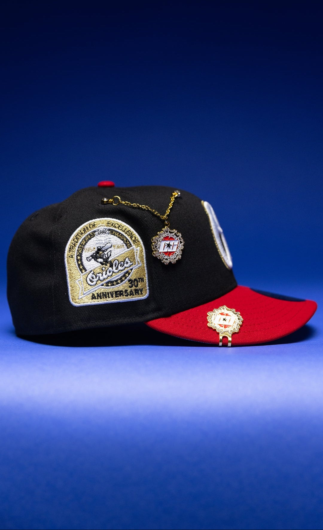 NEW ERA EXCLUSIVE 59FIFTY BLACK/RED BALTIMORE ORIOLES W/ 30TH ANNIVERSARY SIDE PATCH