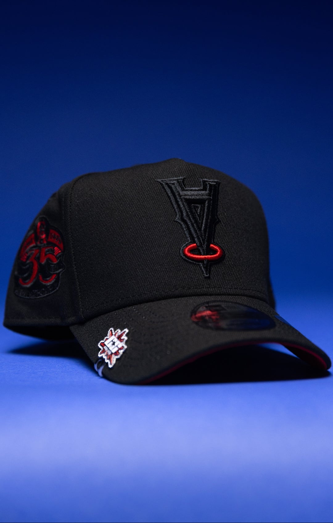 NEW ERA 9FIFTY A-FRAME BLACK UPSIDE DOWN ANAHEIM ANGELS SNAPBACK W/ 35TH ANNIVERSARY SIDE PATCH