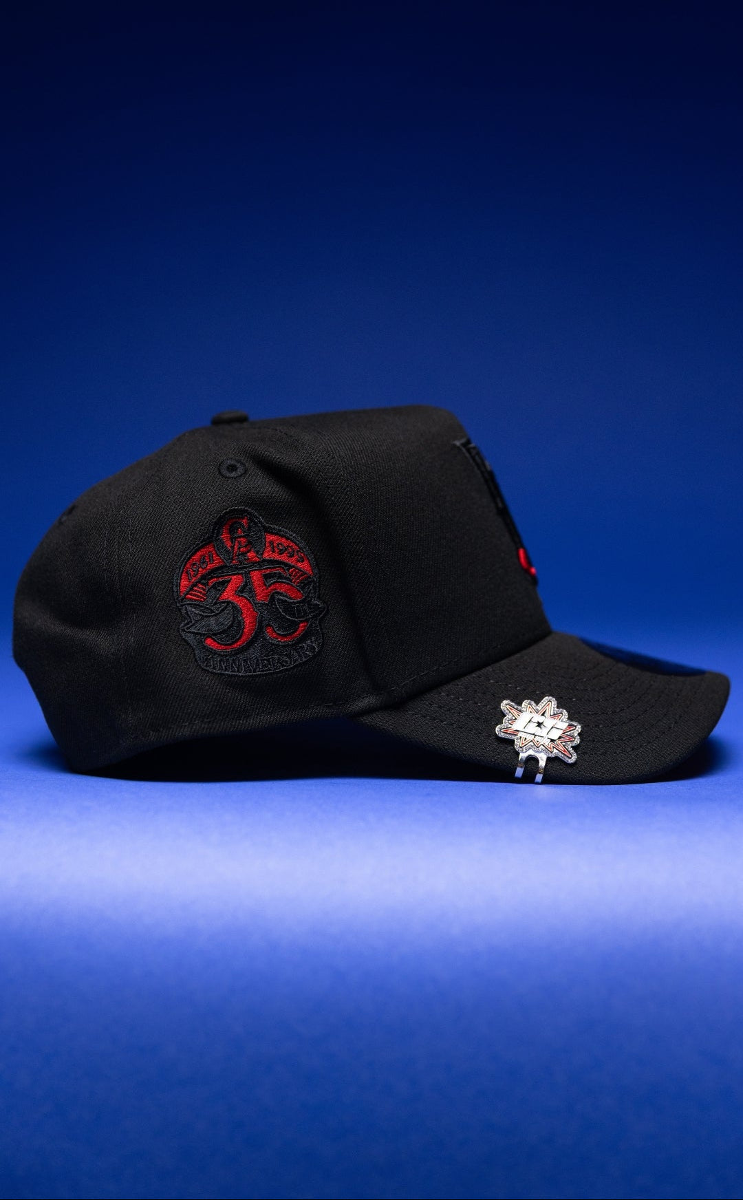 NEW ERA 9FIFTY A-FRAME BLACK UPSIDE DOWN ANAHEIM ANGELS SNAPBACK W/ 35TH ANNIVERSARY SIDE PATCH