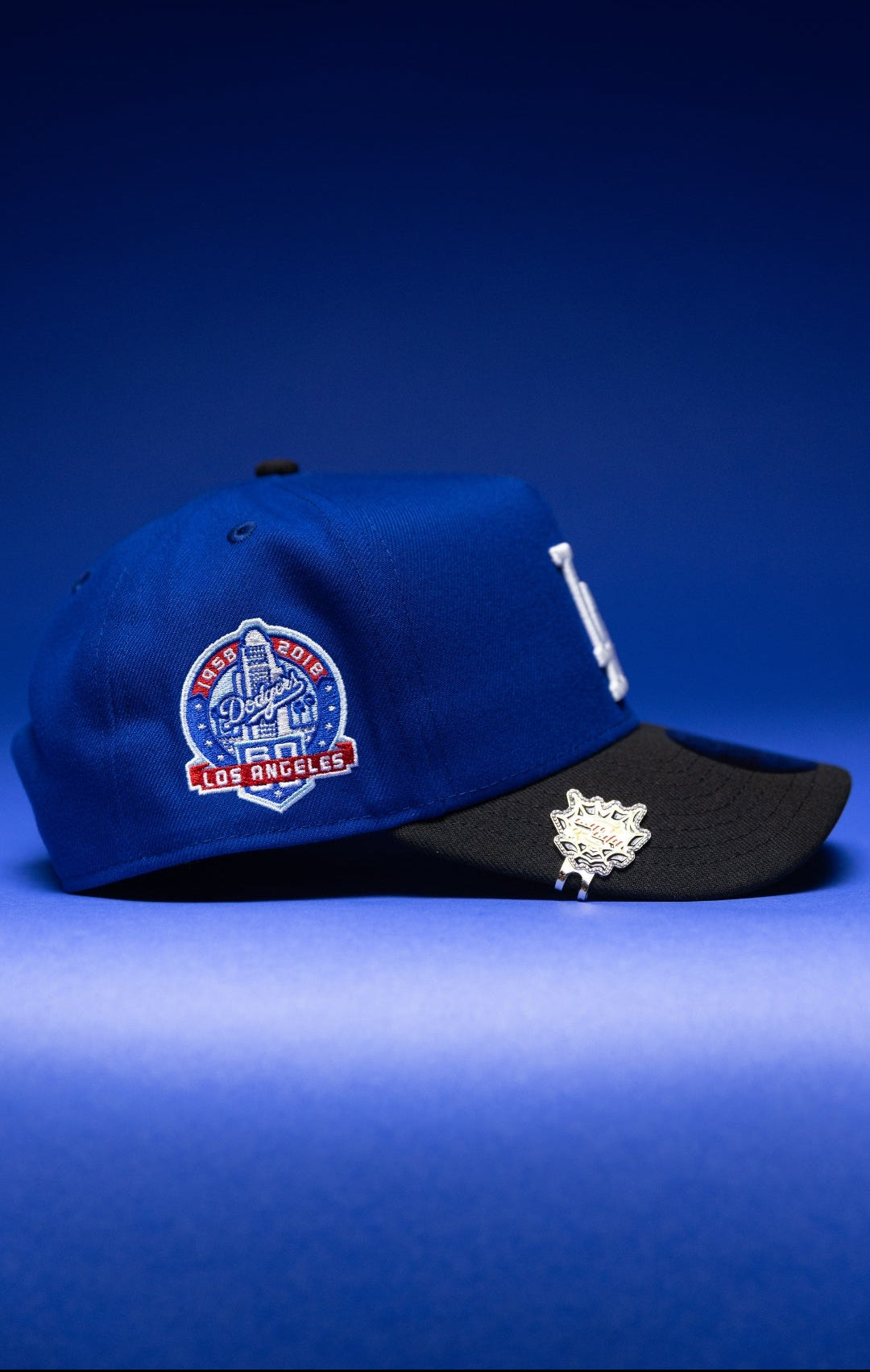 NEW ERA 9FIFTY A-FRAME BLUE/BLACK LOS ANGELES DODGERS SNAPBACK W/PALM TREES + 60TH ANNIVERSARY SIDE PATCH