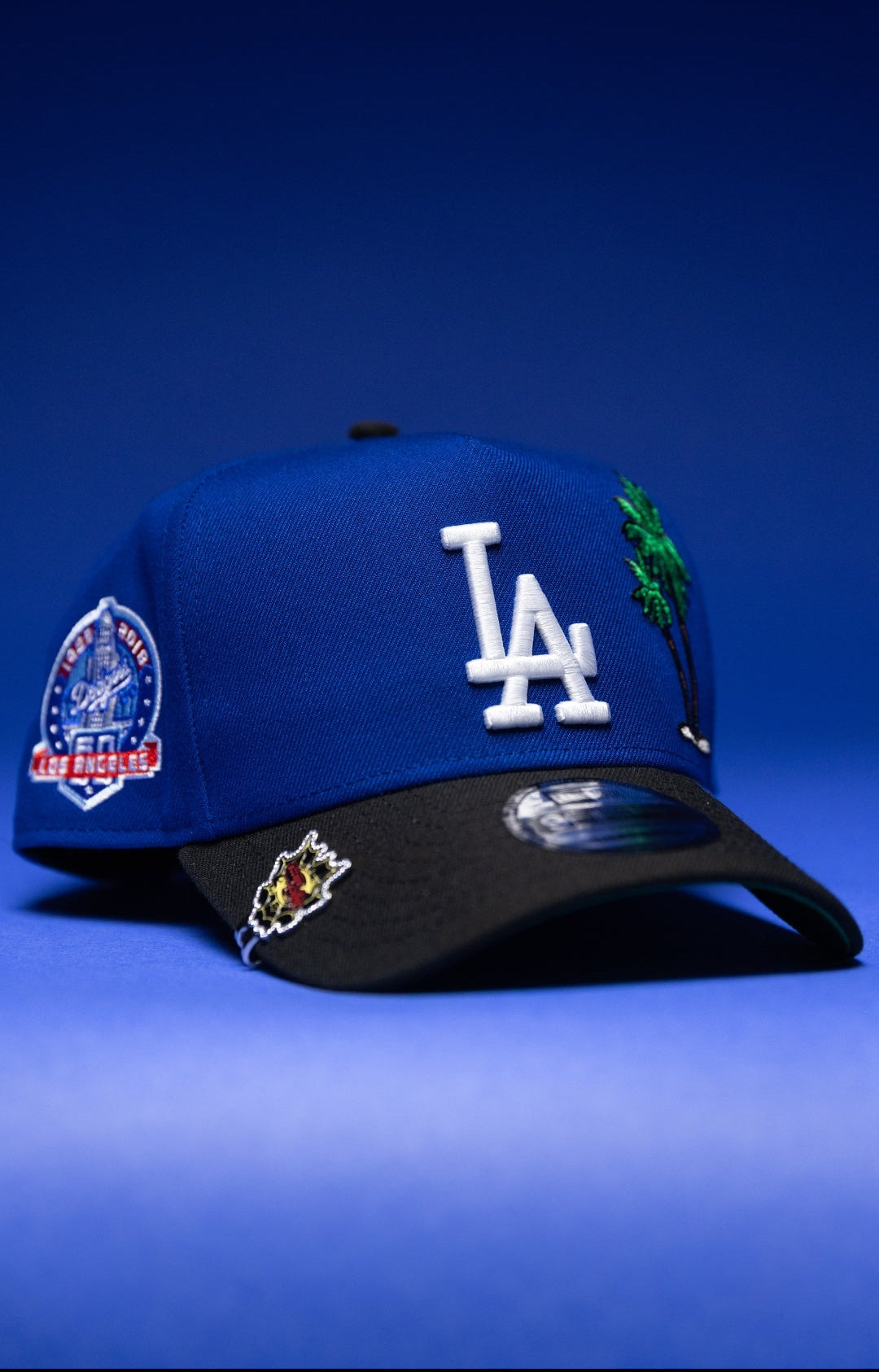NEW ERA 9FIFTY A-FRAME BLUE/BLACK LOS ANGELES DODGERS SNAPBACK W/PALM TREES + 60TH ANNIVERSARY SIDE PATCH