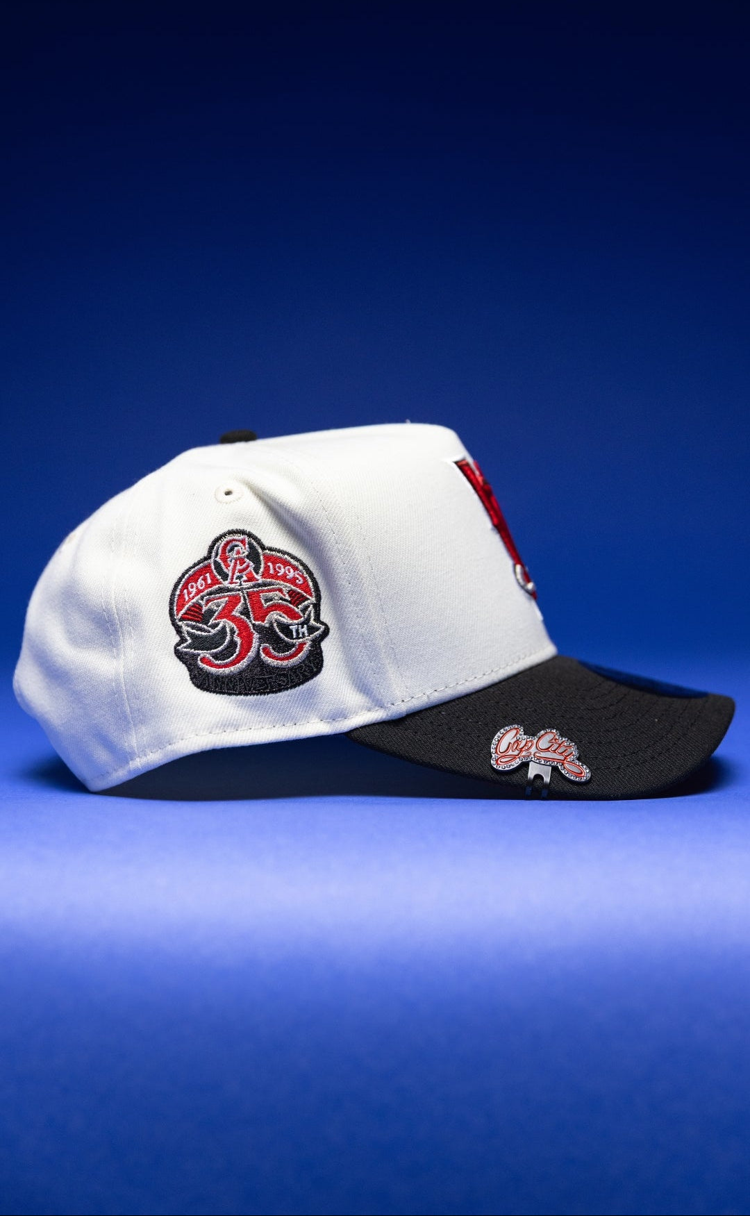 NEW ERA 9FIFTY A-FRAME CHROME/BLACK UPSIDE DOWN ANAHEIM ANGELS SNAPBACK W/ 35TH ANNIVERSARY SIDE PATCH