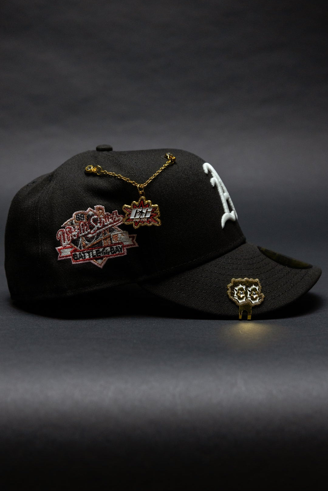 NEW ERA EXCLUSIVE 59FIFTY BLACK OAKLAND ATHLETICS W/ "BATTLE OF THE BAY" SIDE PATCH