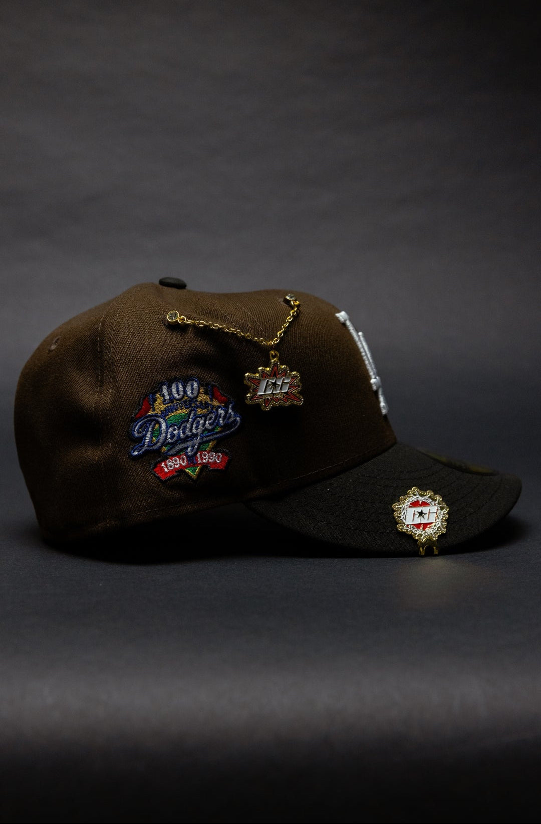 NEW ERA EXCLUSIVE 59FIFTY BROWN/BLACK LOS ANGELES DODGERS W/ RED HEART + 100TH ANNIVERSARY SIDE PATCH