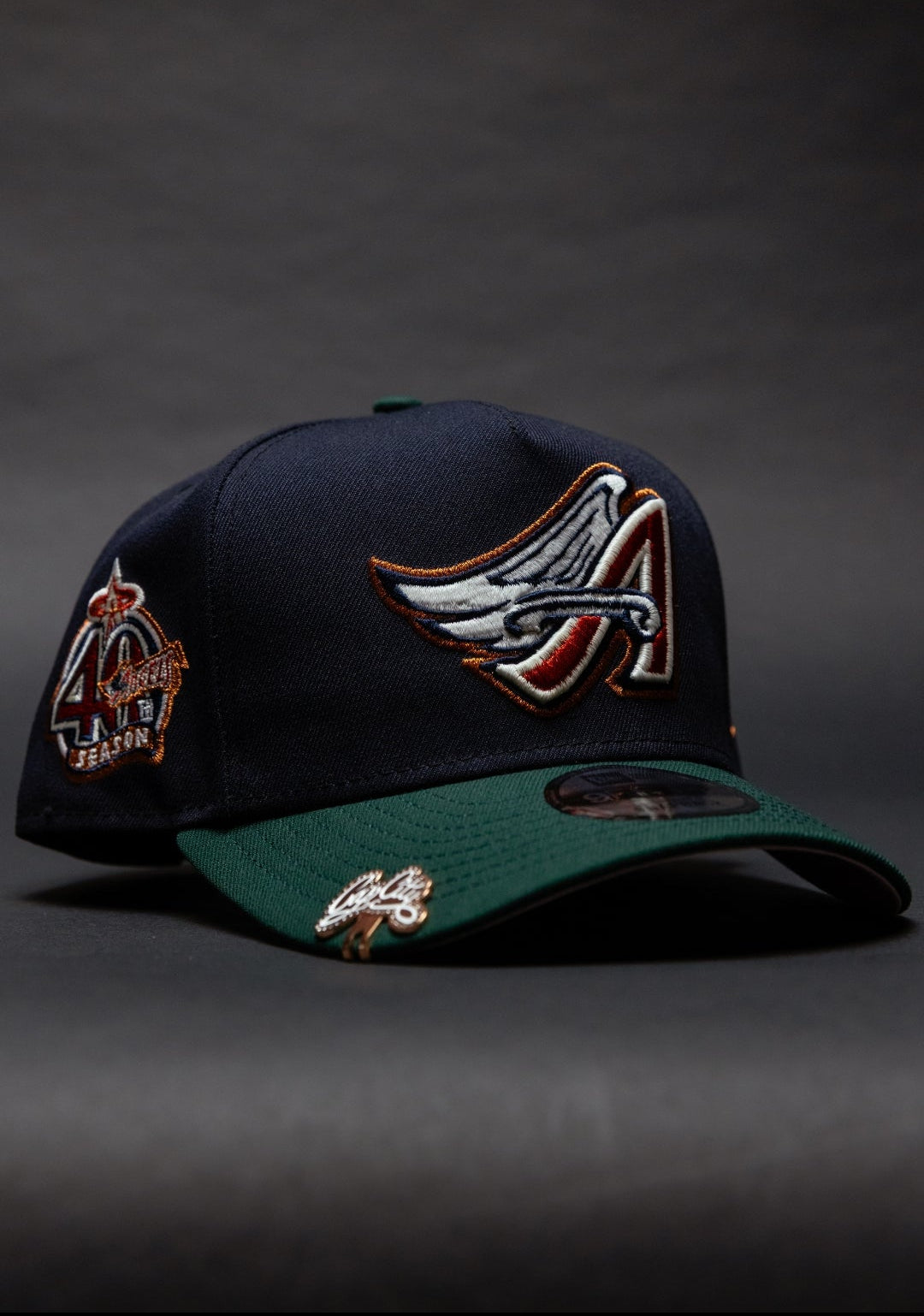 NEW ERA 9FIFTY A-FRAME NAVY/FOREST GREEN ANAHEIM ANGELS SNAPBACK W/ 40TH ANNIVERSARY SIDE PATCH