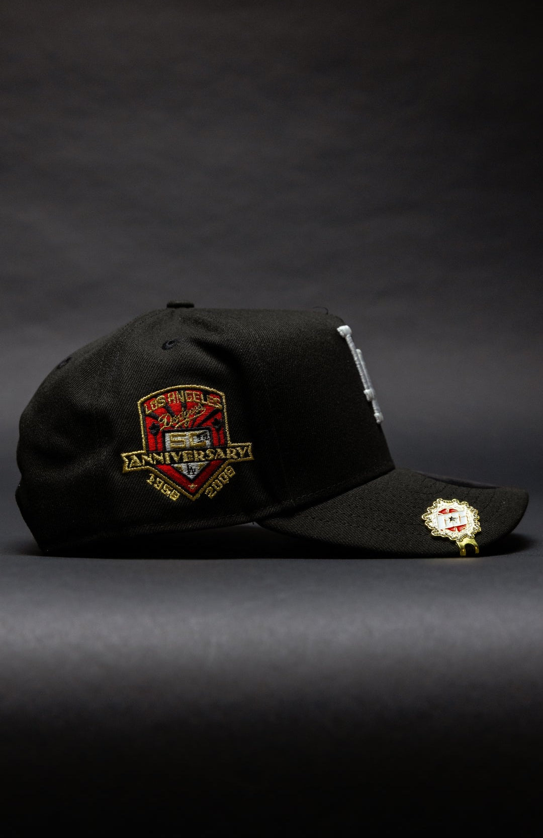 NEW ERA 9FIFTY A-FRAME BLACK LOS ANGELES DODGERS SNAPBACK W/ INTERSTATE + 50TH ANNIVERSARY SIDE PATCH