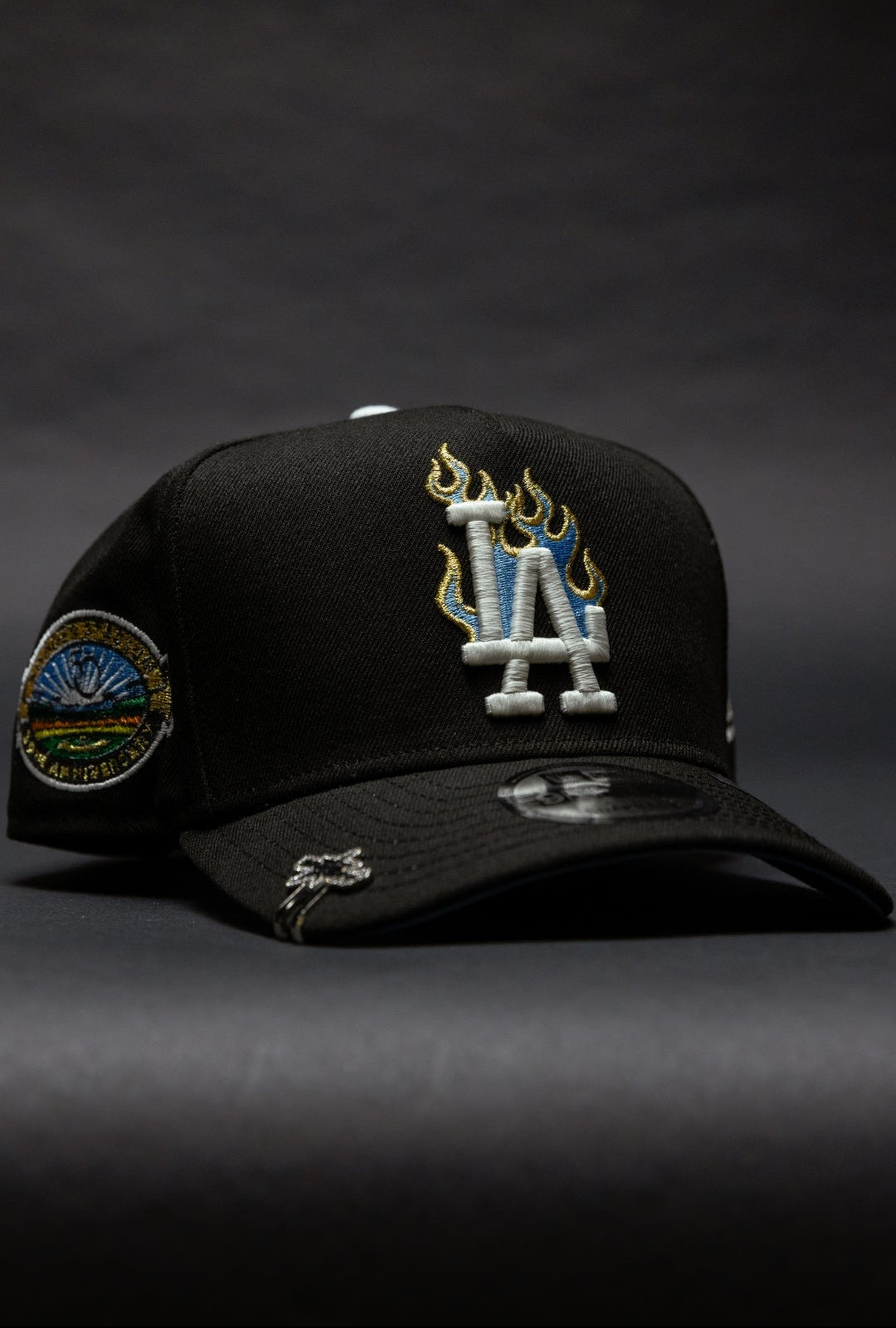 NEW ERA 9FIFTY A-FRAME BLACK LOS ANGELES DODGERS SNAPBACK W/ FLAME LOGO + 50TH ANNIVERSARY SIDE PATCH