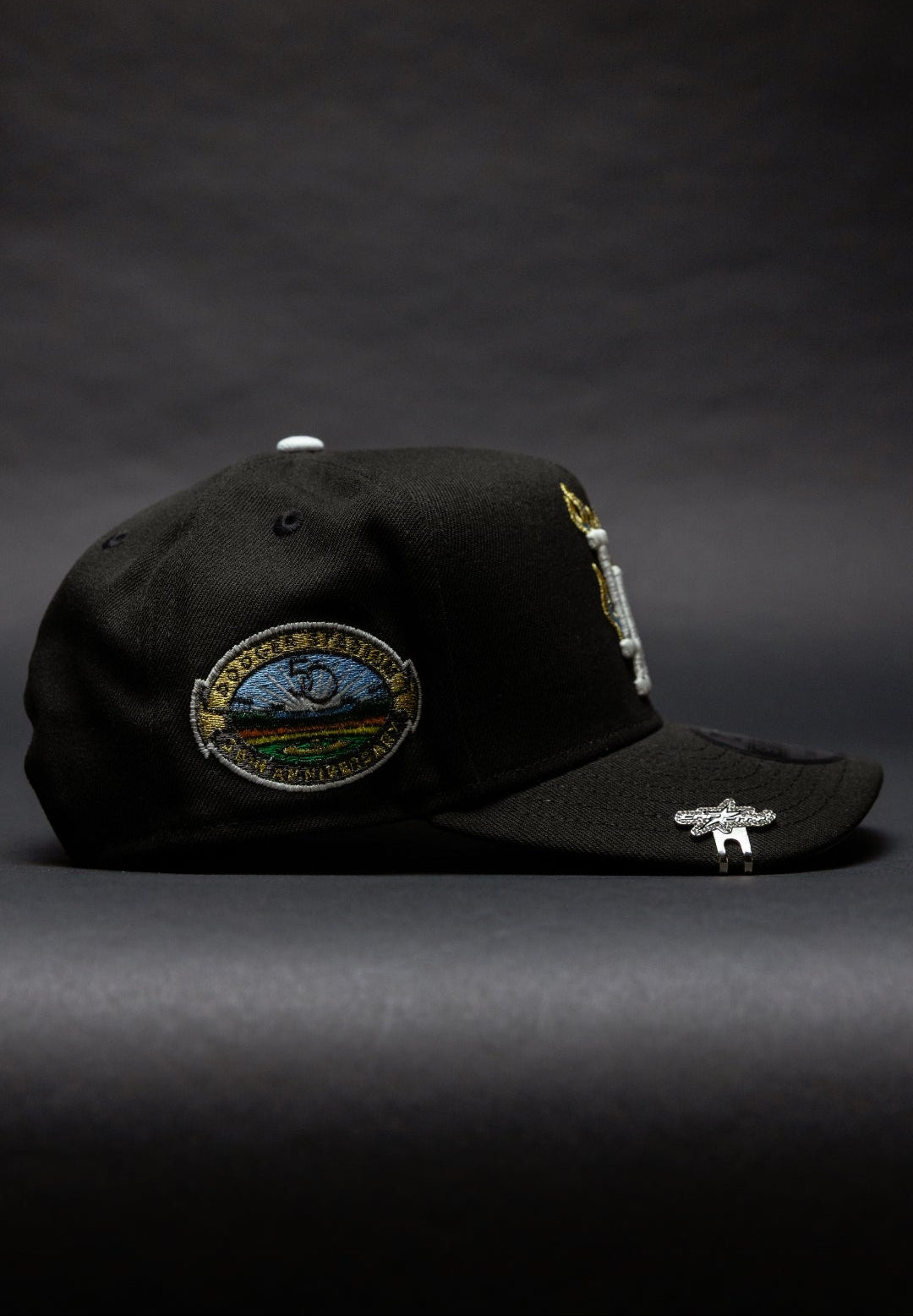 NEW ERA 9FIFTY A-FRAME BLACK LOS ANGELES DODGERS SNAPBACK W/ FLAME LOGO + 50TH ANNIVERSARY SIDE PATCH