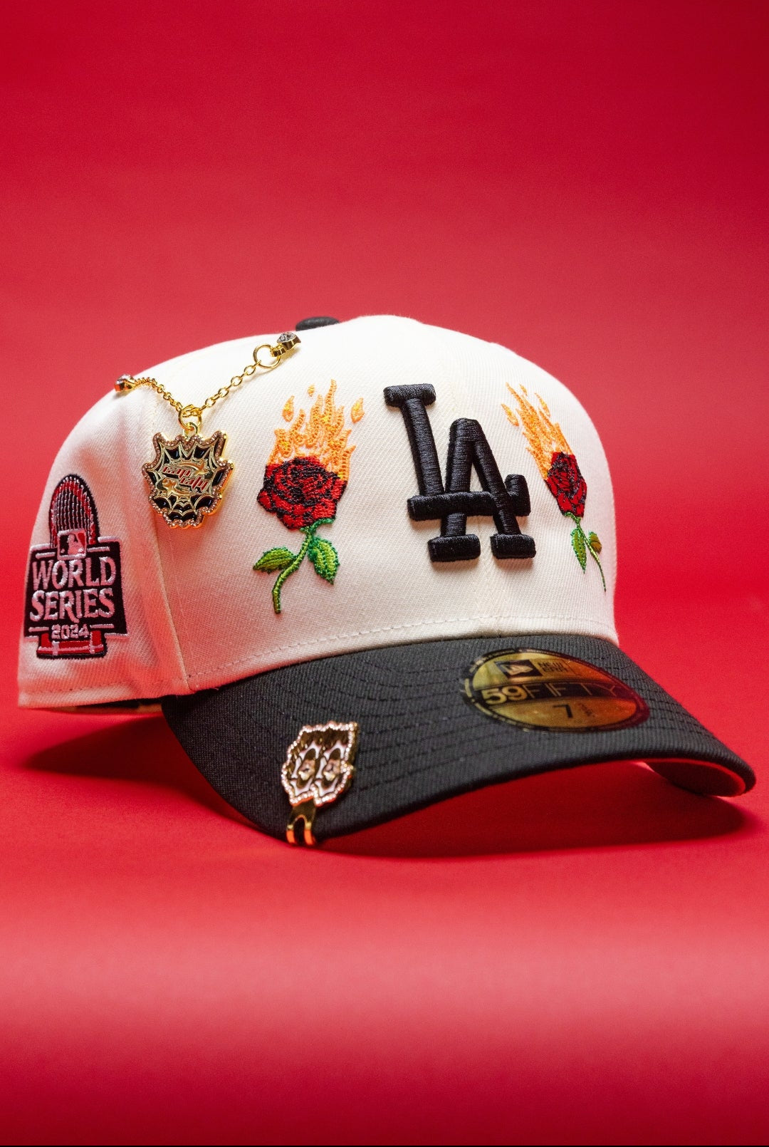 NEW ERA EXCLUSIVE 59FIFTY CHROME/BLACK LOS ANGELES DODGERS W/ BURNT ROSES + 2024 WORLD SERIES SIDE PATCH