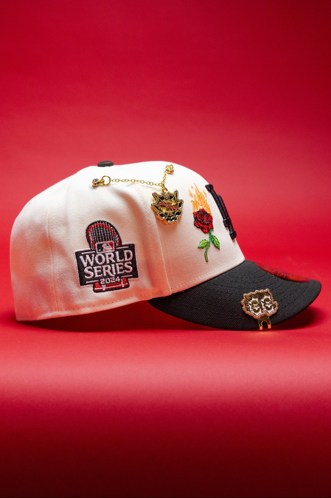 NEW ERA EXCLUSIVE 59FIFTY CHROME/BLACK LOS ANGELES DODGERS W/ BURNT ROSES + 2024 WORLD SERIES SIDE PATCH