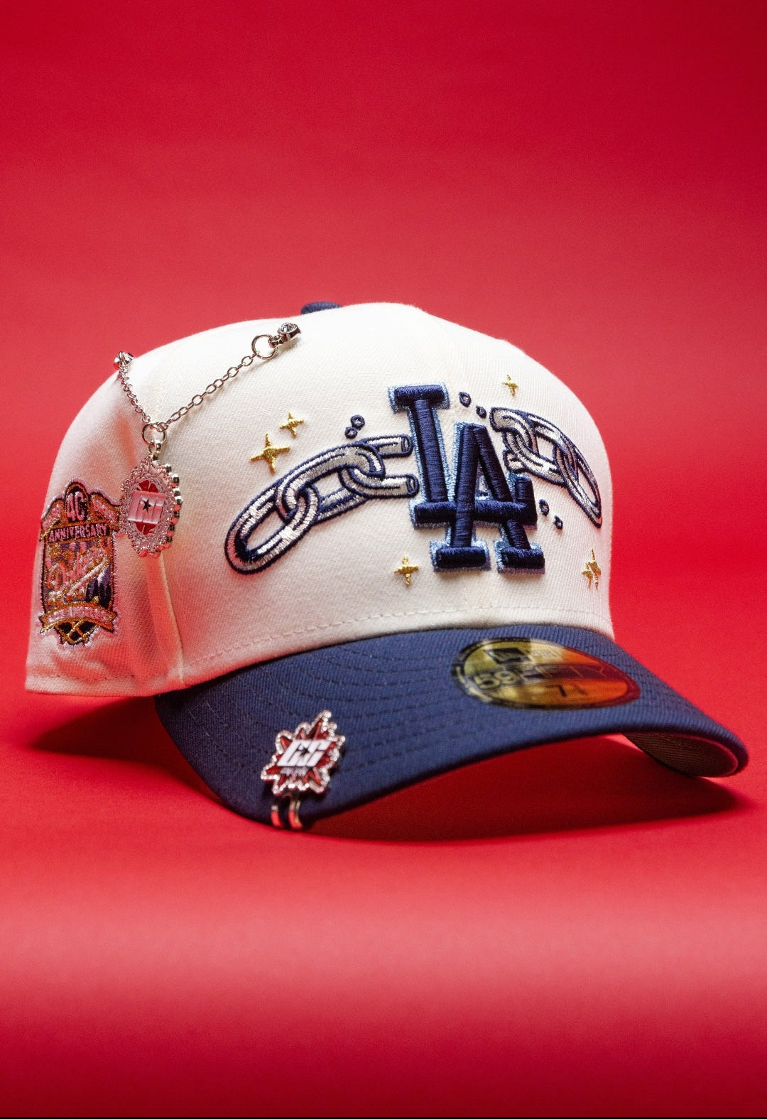 NEW ERA EXCLUSIVE 59FIFTY CHROME/NAVY LOS ANGELES DODGERS W/ EMBROIDERY + 40TH ANNIVERSARY SIDE PATCH
