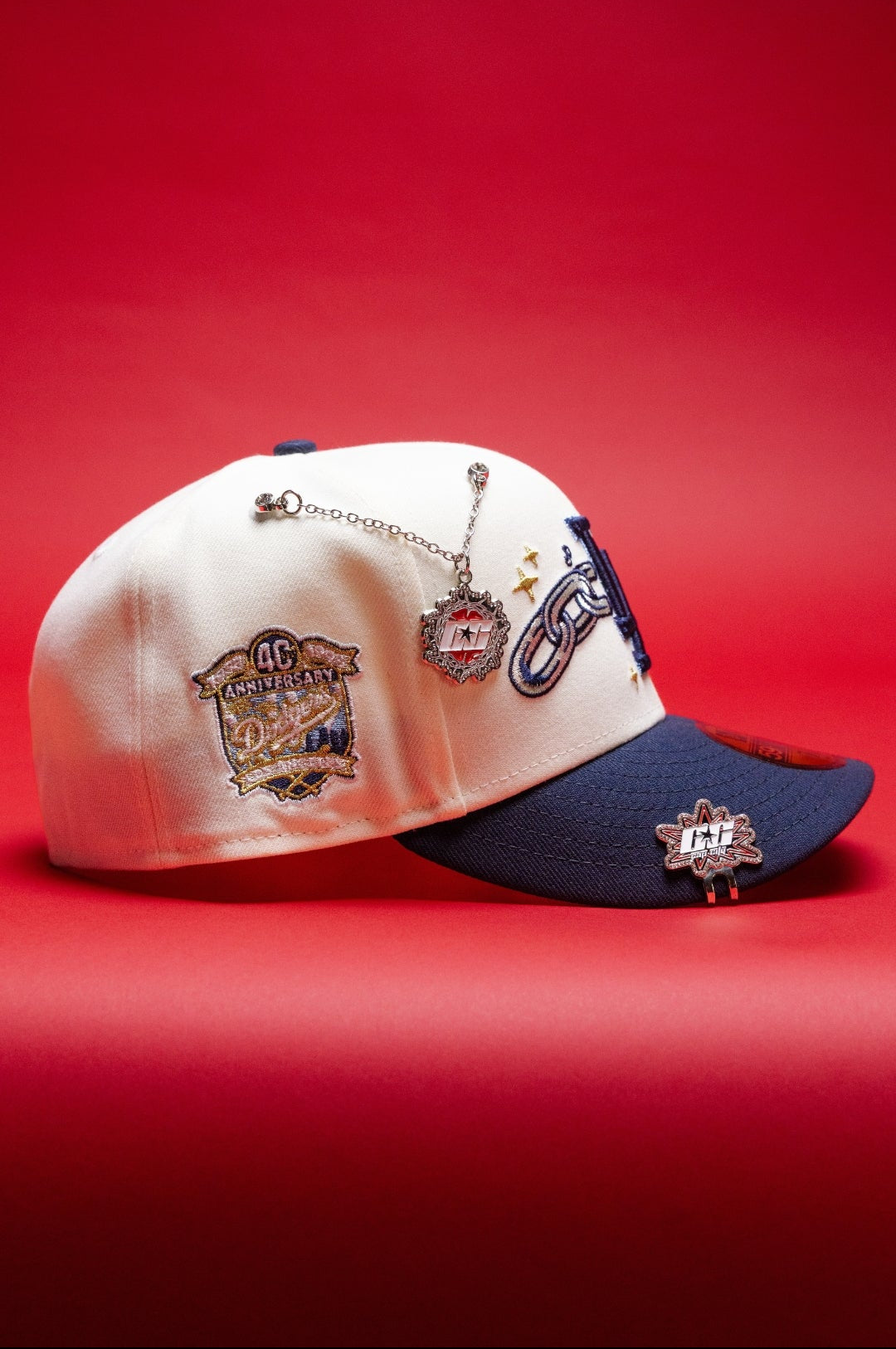 NEW ERA EXCLUSIVE 59FIFTY CHROME/NAVY LOS ANGELES DODGERS W/ EMBROIDERY + 40TH ANNIVERSARY SIDE PATCH