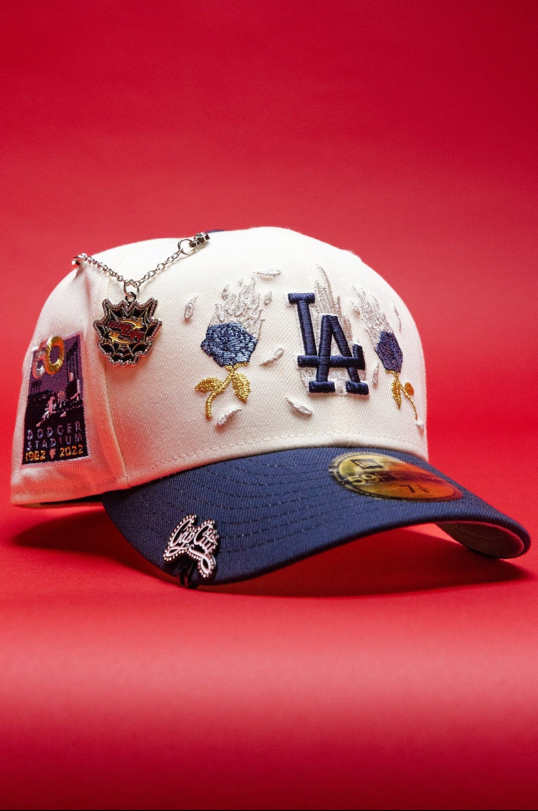 NEW ERA EXCLUSIVE 59FIFTY CHROME/NAVY LOS ANGELES DODGERS W/ BURNT ROSES + 60TH ANNIVERSARY SIDE PATCH
