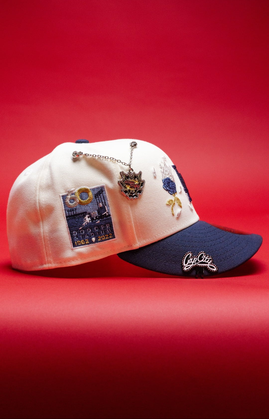 NEW ERA EXCLUSIVE 59FIFTY CHROME/NAVY LOS ANGELES DODGERS W/ BURNT ROSES + 60TH ANNIVERSARY SIDE PATCH