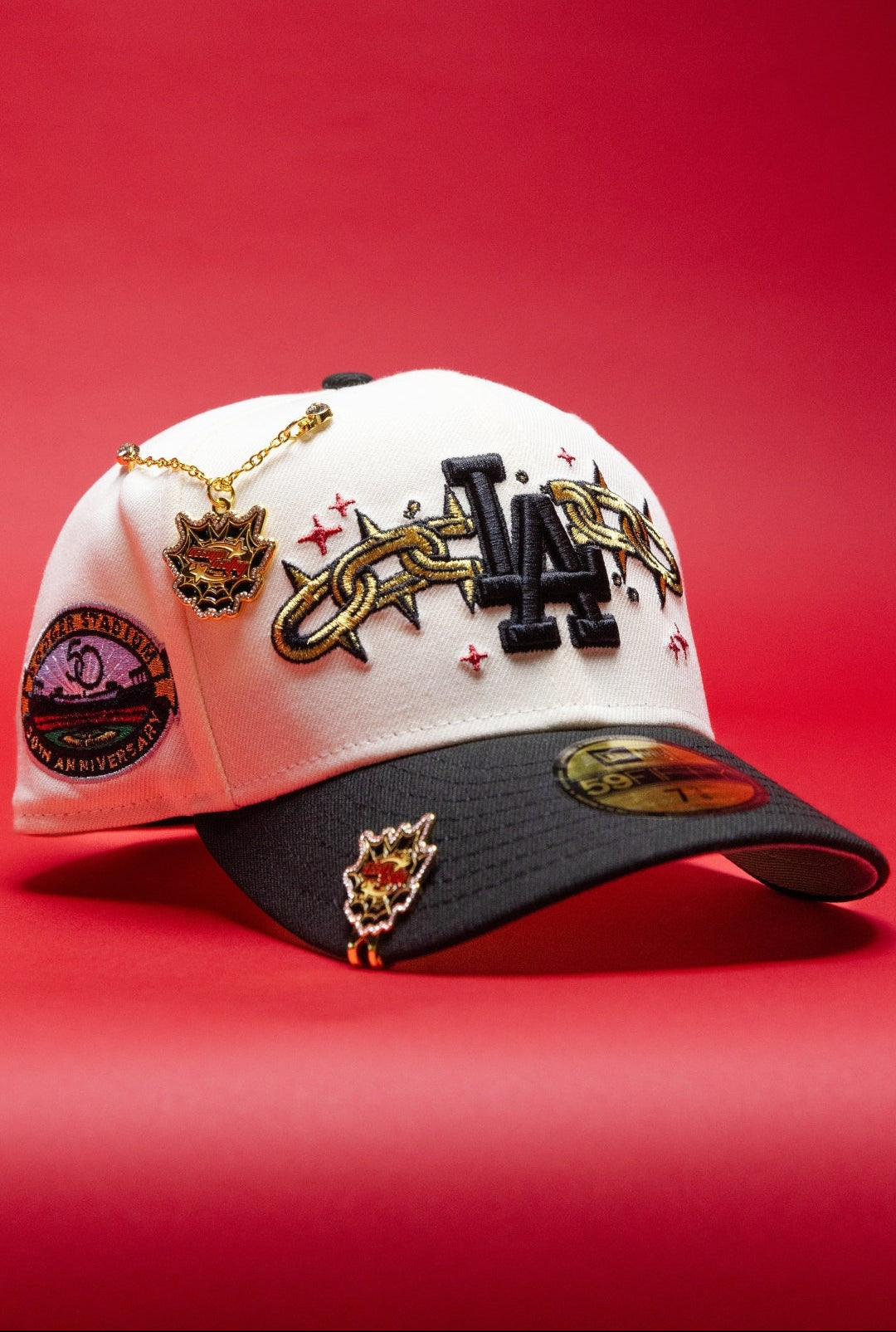 NEW ERA EXCLUSIVE 59FIFTY CHROME/BLACK LOS ANGELES DODGERS W/ EMBROIDERY + 50TH ANNIVERSARY SIDE PATCH