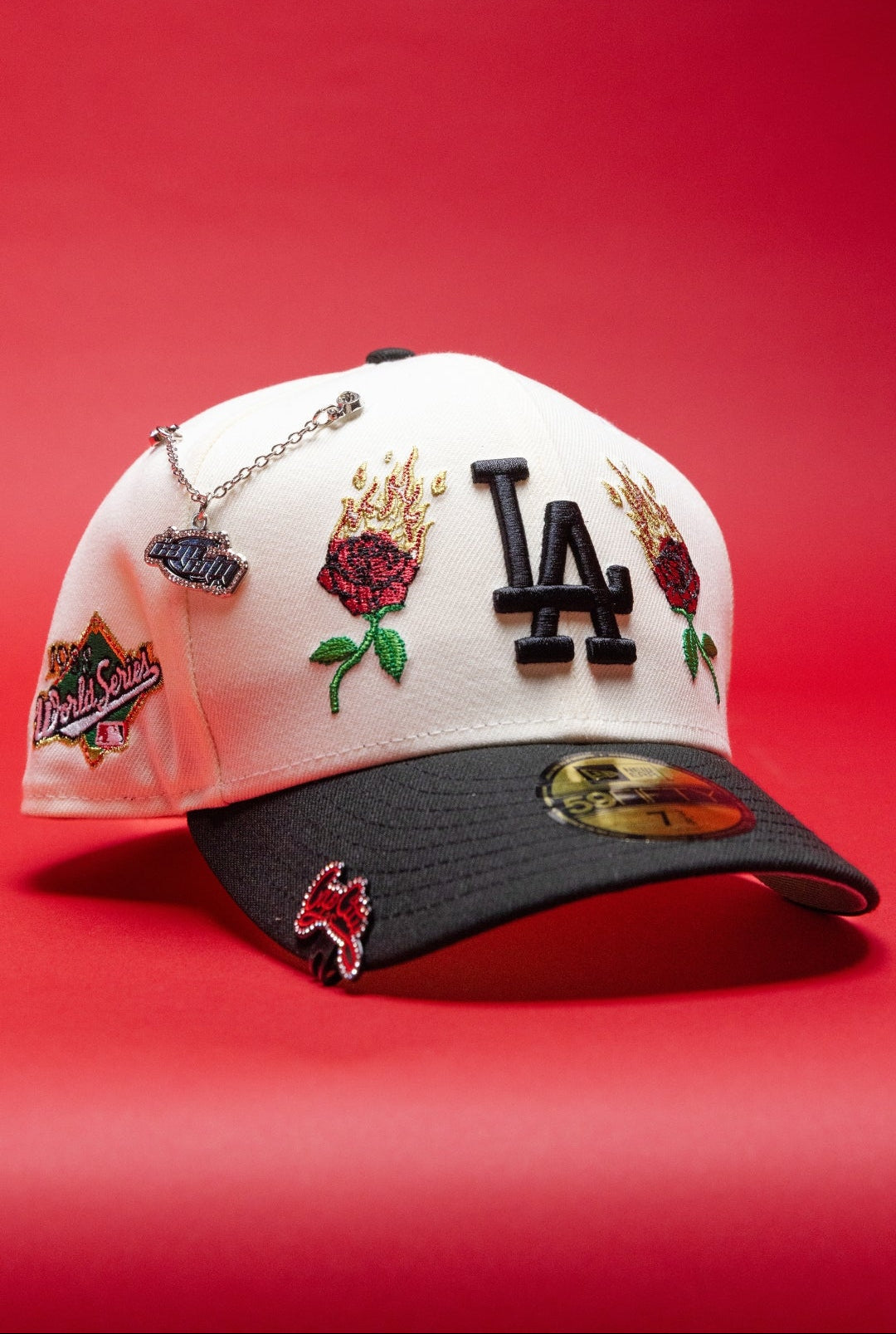 NEW ERA EXCLUSIVE 59FIFTY CHROME/BLACK LOS ANGELES DODGERS W/ BURNT ROSES + 1988 WORLD SERIES SIDE PATCH