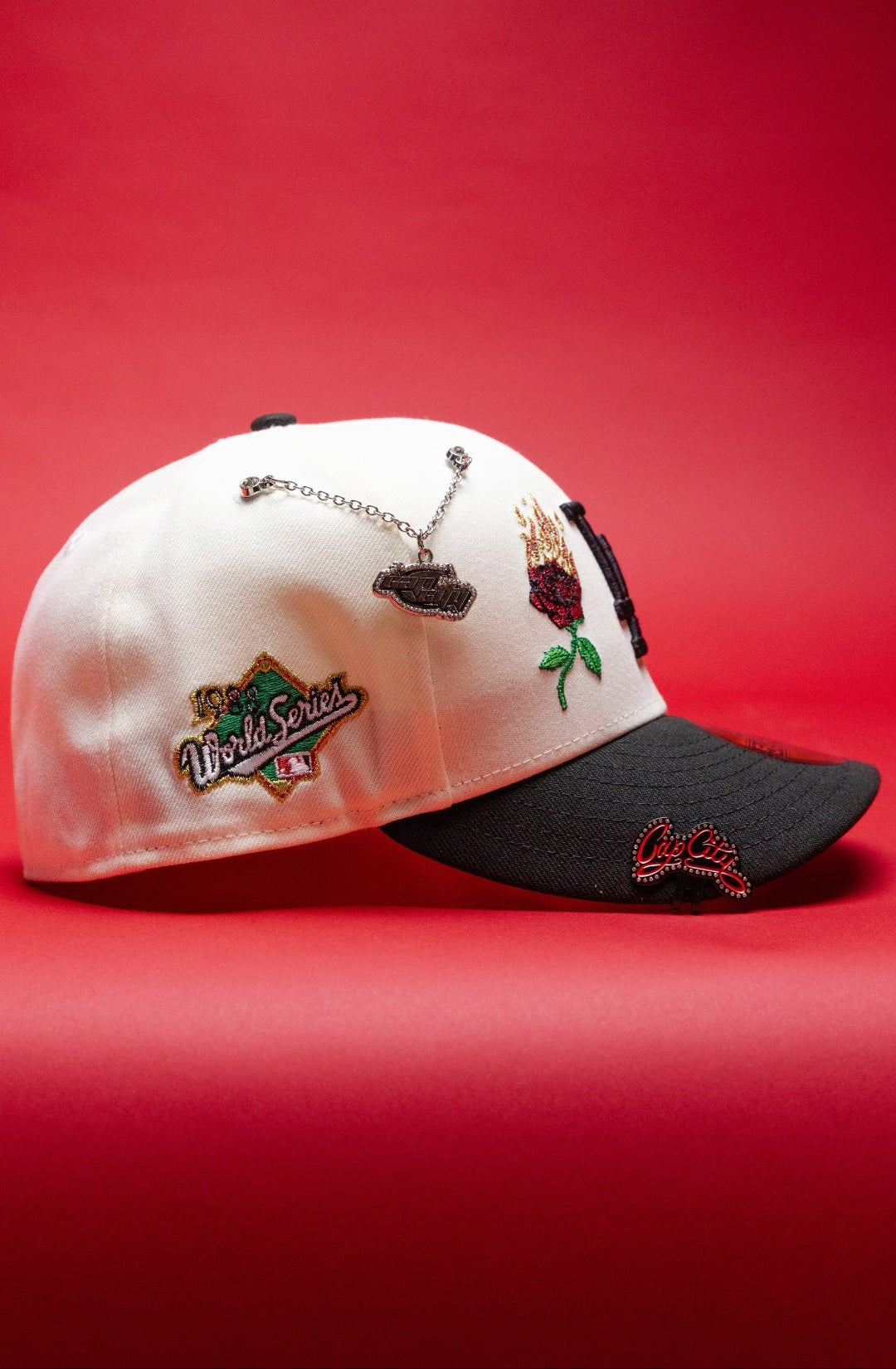 NEW ERA EXCLUSIVE 59FIFTY CHROME/BLACK LOS ANGELES DODGERS W/ BURNT ROSES + 1988 WORLD SERIES SIDE PATCH