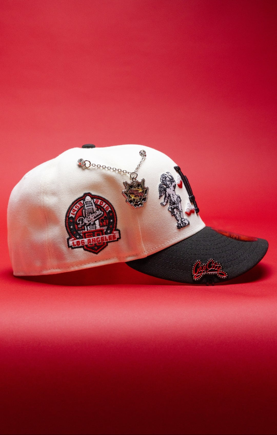 NEW ERA EXCLUSIVE 59FIFTY CHROME/BLACK LOS ANGELES DODGERS "HEAVENLY CITY"W/ 60TH ANNIVERSARY SIDE PATCH