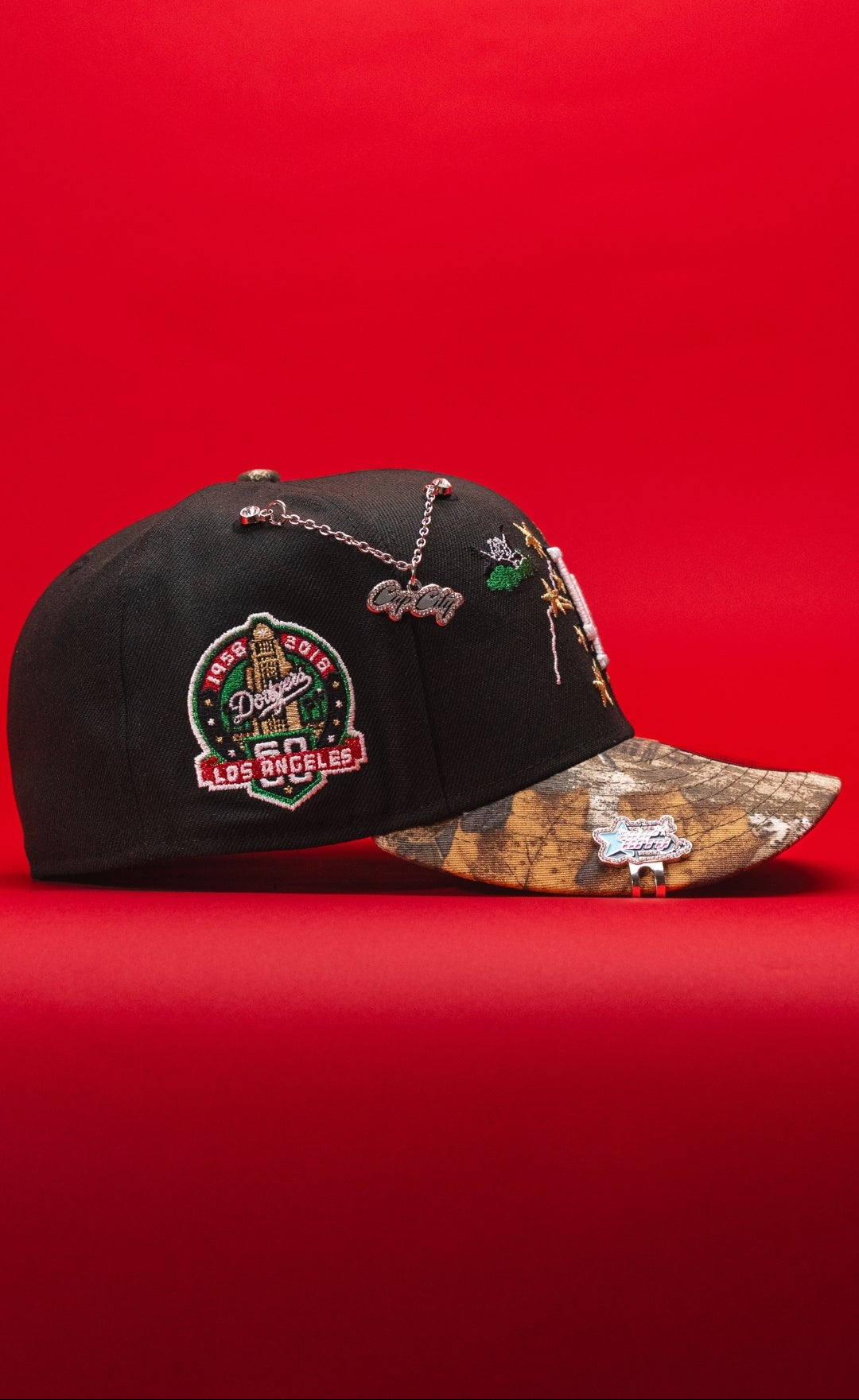 NEW ERA EXCLUSIVE 59FIFTY BLACK/REALTREE LOS ANGELES DODGERS W/ EMBROIDERY + 60TH ANNIVERSARY SIDE PATCH