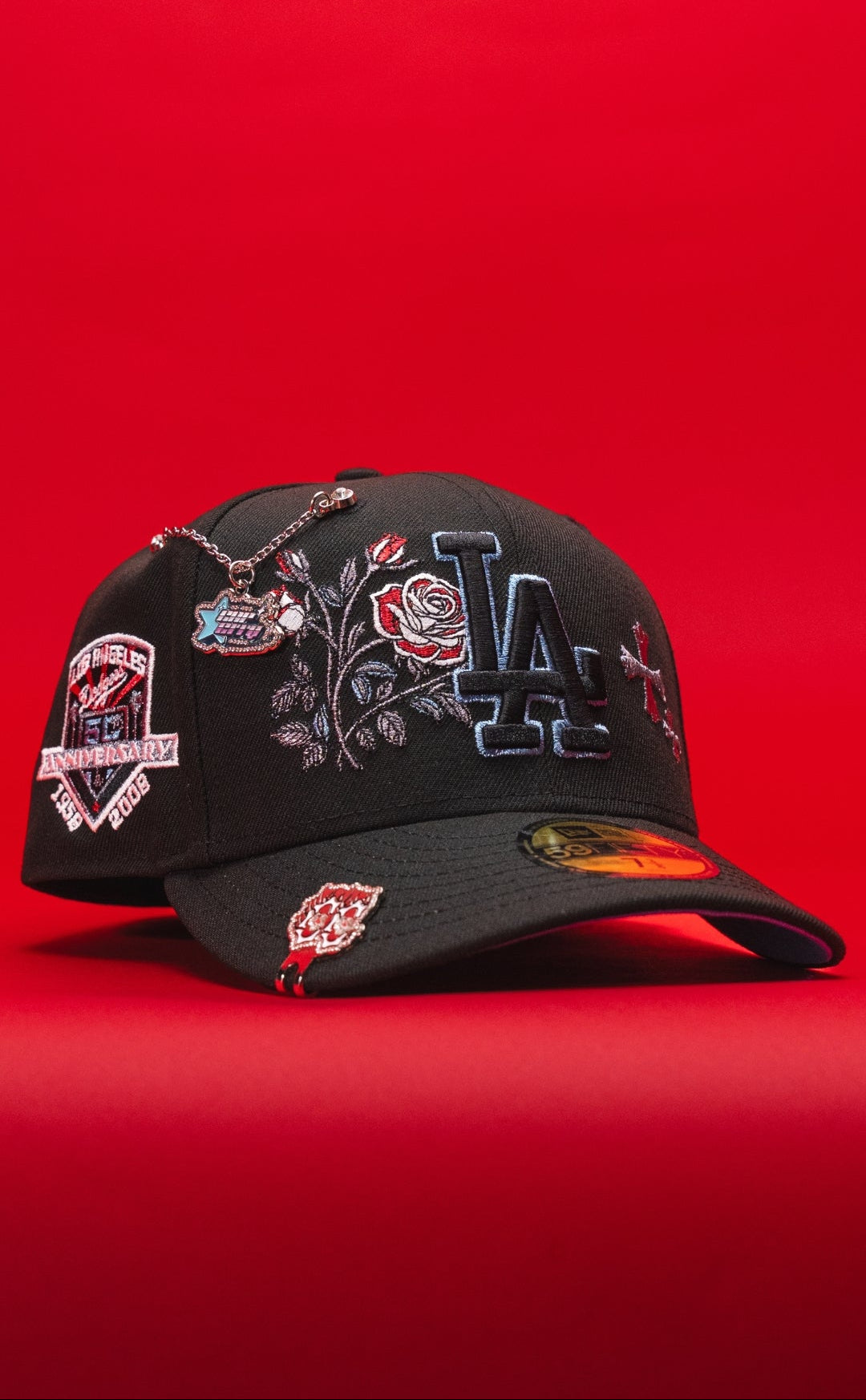 NEW ERA EXCLUSIVE 59FIFTY BLACK LOS ANGELES DODGERS W/ BLOOMING ROSE + 50TH ANNIVERSARY SIDE PATCH