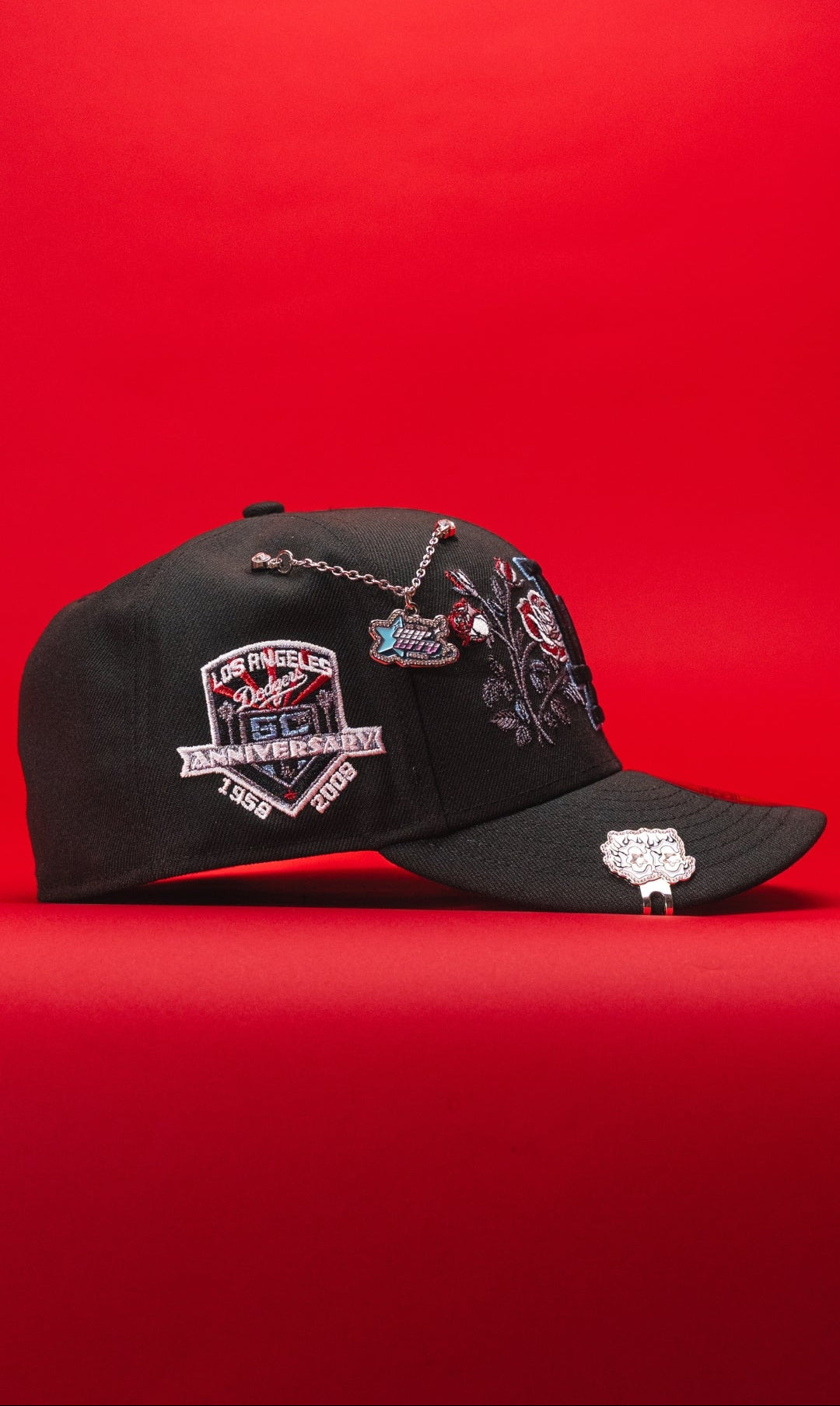 NEW ERA EXCLUSIVE 59FIFTY BLACK LOS ANGELES DODGERS W/ BLOOMING ROSE + 50TH ANNIVERSARY SIDE PATCH