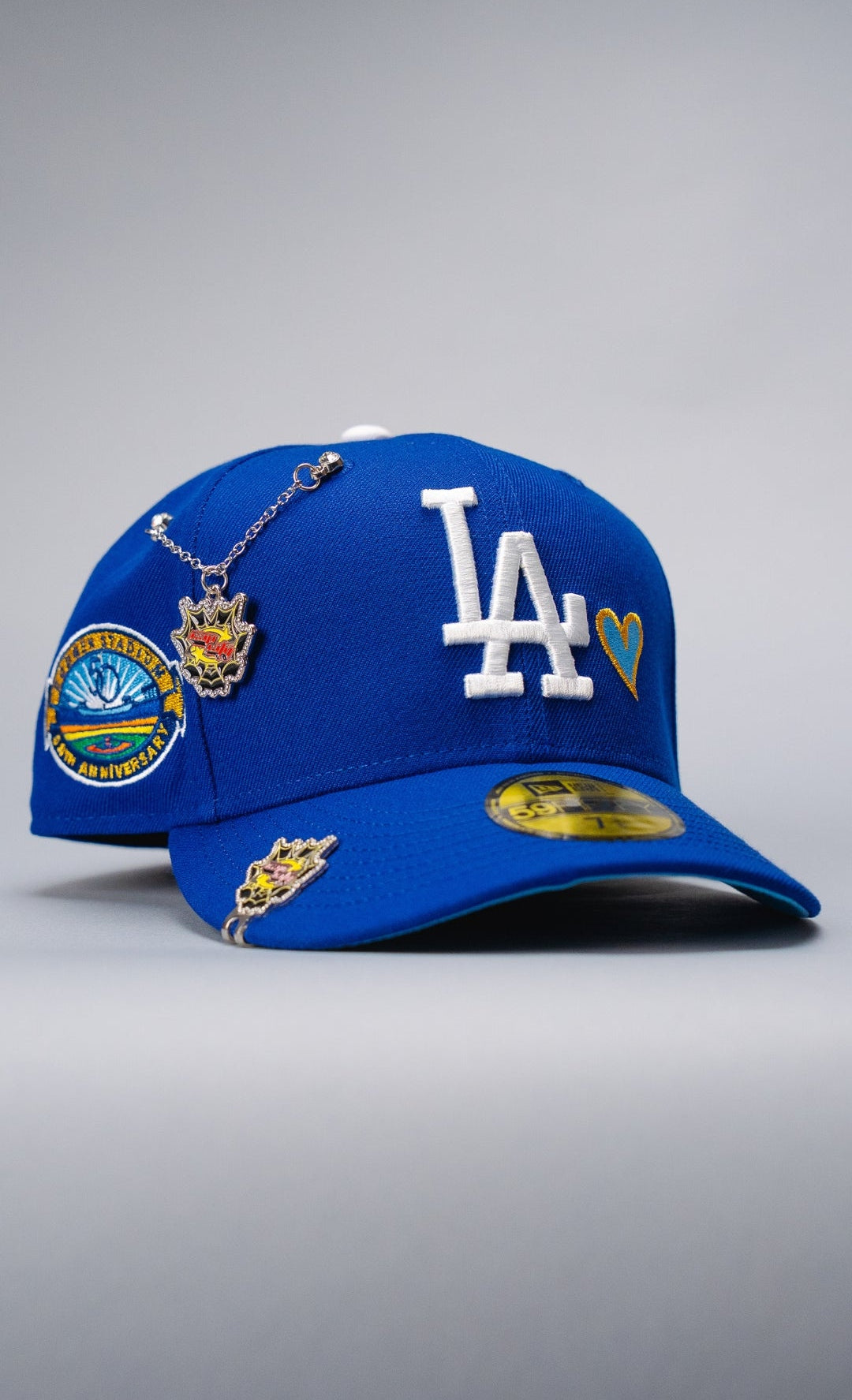 NEW ERA EXCLUSIVE 59FIFTY BLUE LOS ANGELES DODGERS W/ HEART + 50TH ANNIVERSARY SIDE PATCH