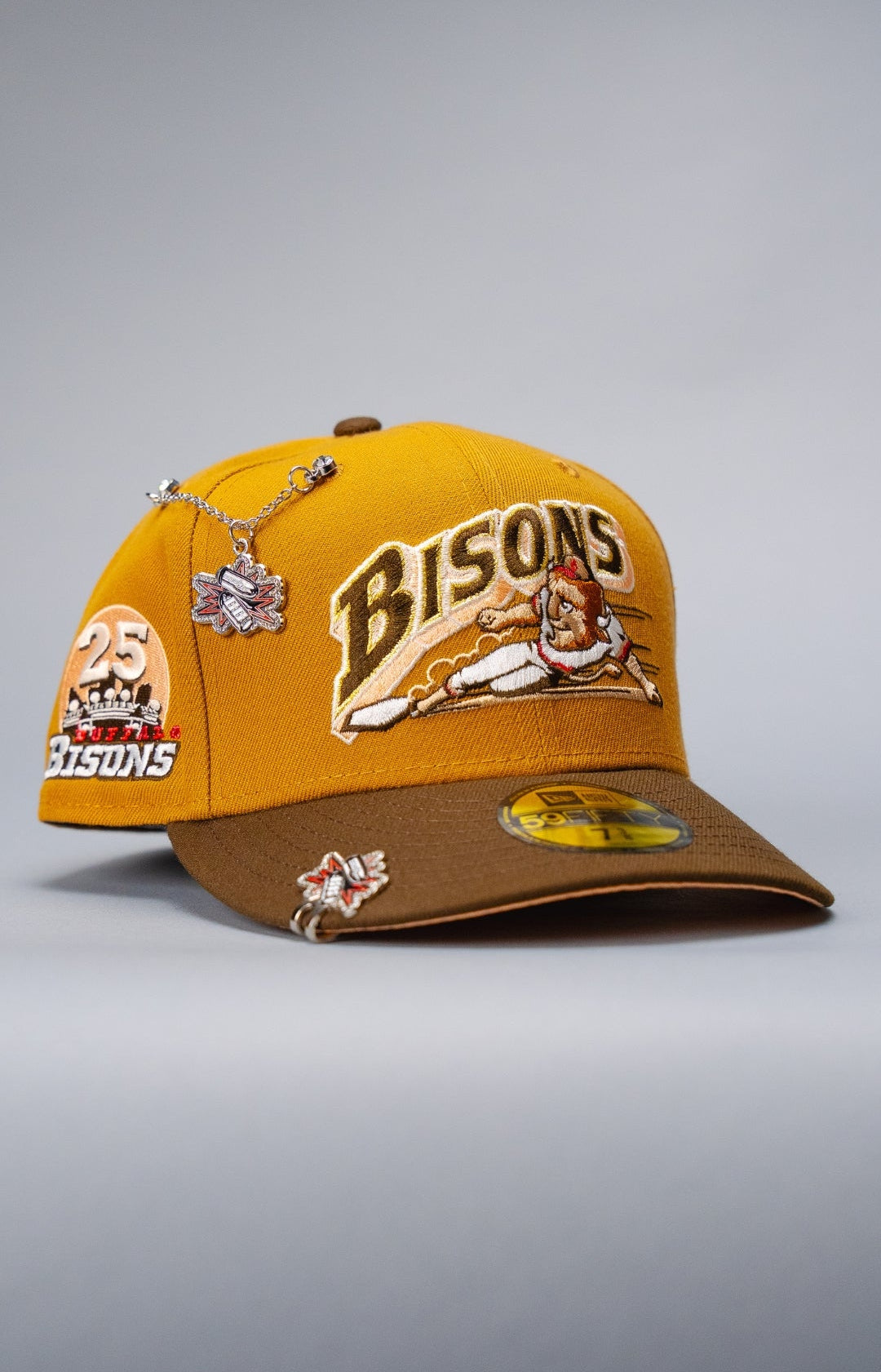 NEW ERA EXCLUSIVE 59FIFTY TAN/BROWN BUFFALO BISONS W/ 25TH ANNIVERSARY SIDE PATCH