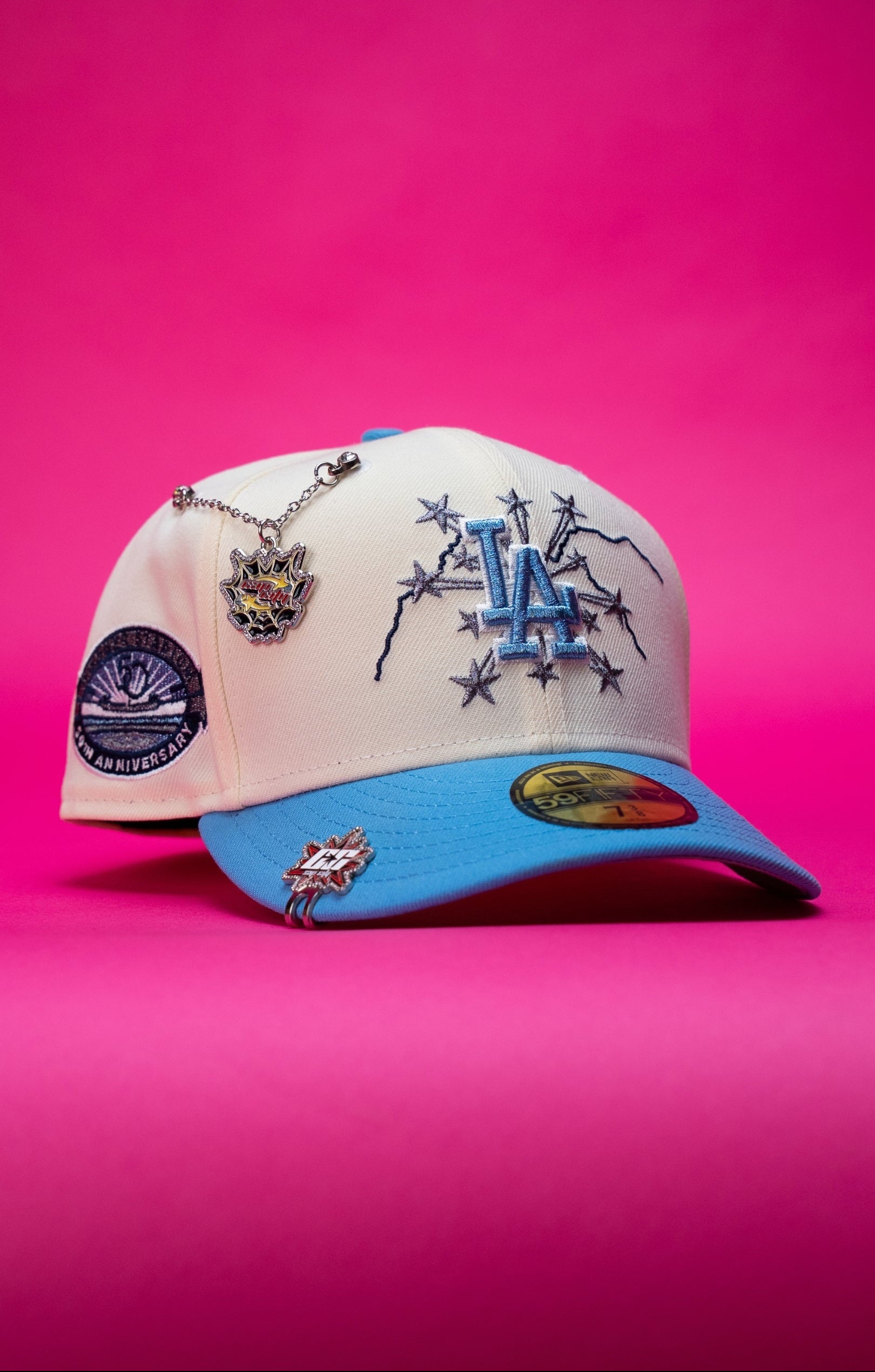 NEW ERA EXCLUSIVE 59FIFTY CHROME/ICY BLUE LOS ANGELES DODGERS W/ EMBROIDERY + 50TH ANNIVERSARY SIDE PATCH