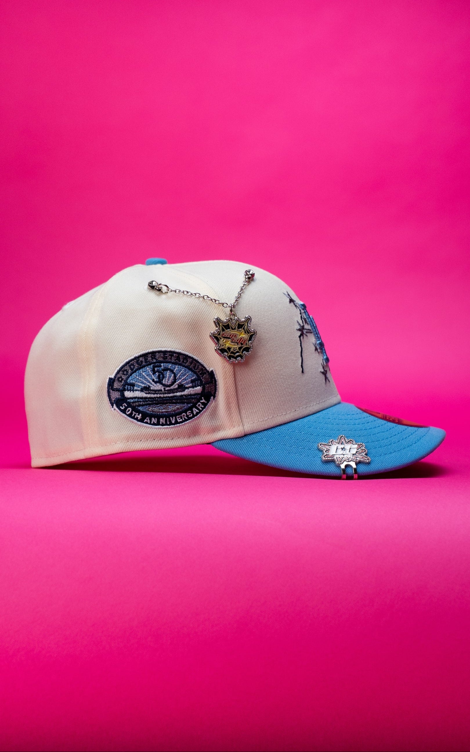 NEW ERA EXCLUSIVE 59FIFTY CHROME/ICY BLUE LOS ANGELES DODGERS W/ EMBROIDERY + 50TH ANNIVERSARY SIDE PATCH