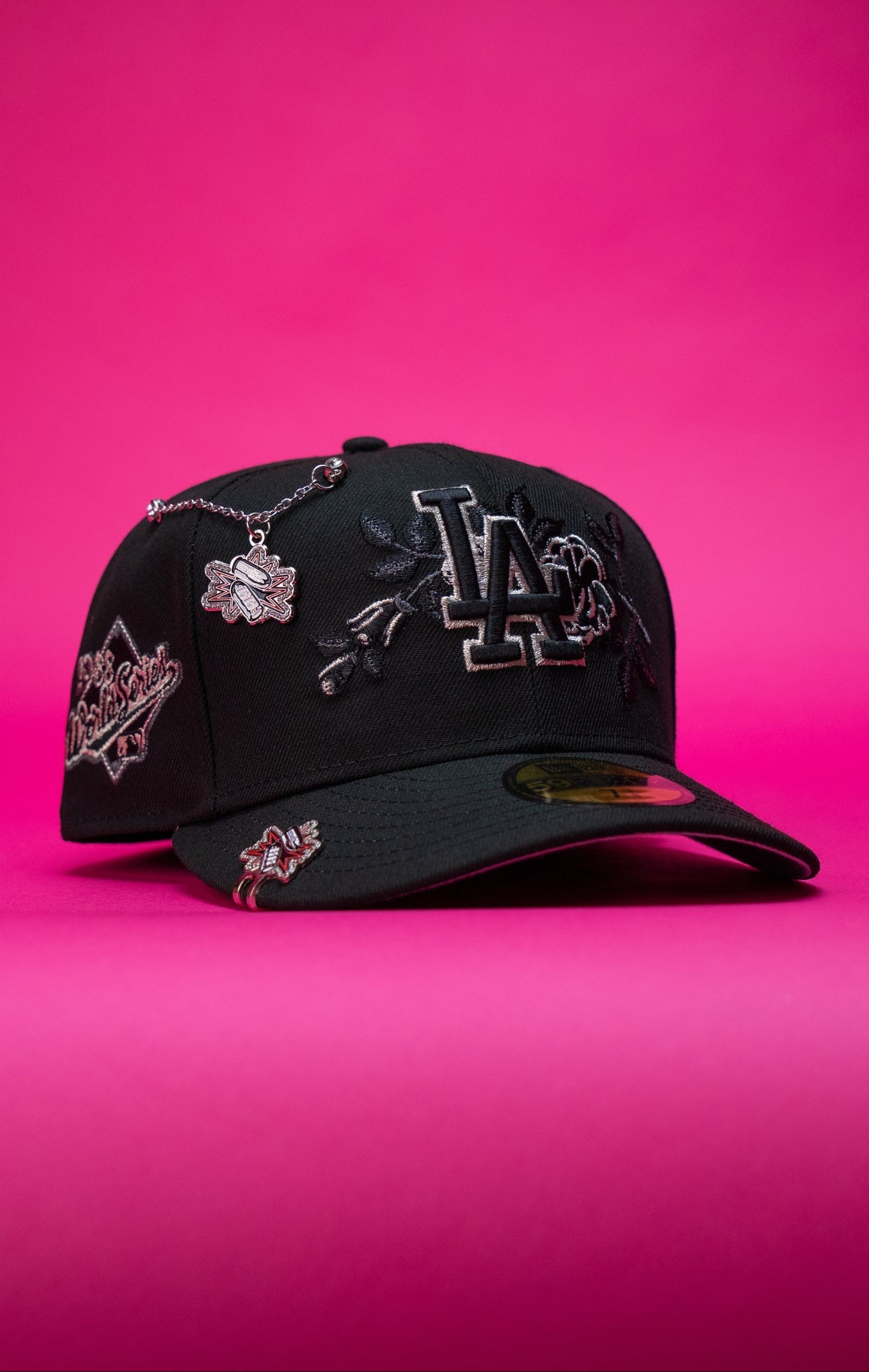NEW ERA EXCLUSIVE 59FIFTY BLACK LOS ANGELES DODGERS W/ ROSE + 1988 WORLD SERIES SIDE PATCH